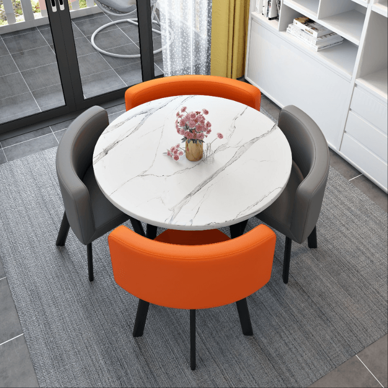 Minimalist Dining Table Set with Rounded Recycled Wood Top, Padded Chair, Back Seat, White Color - image 7
