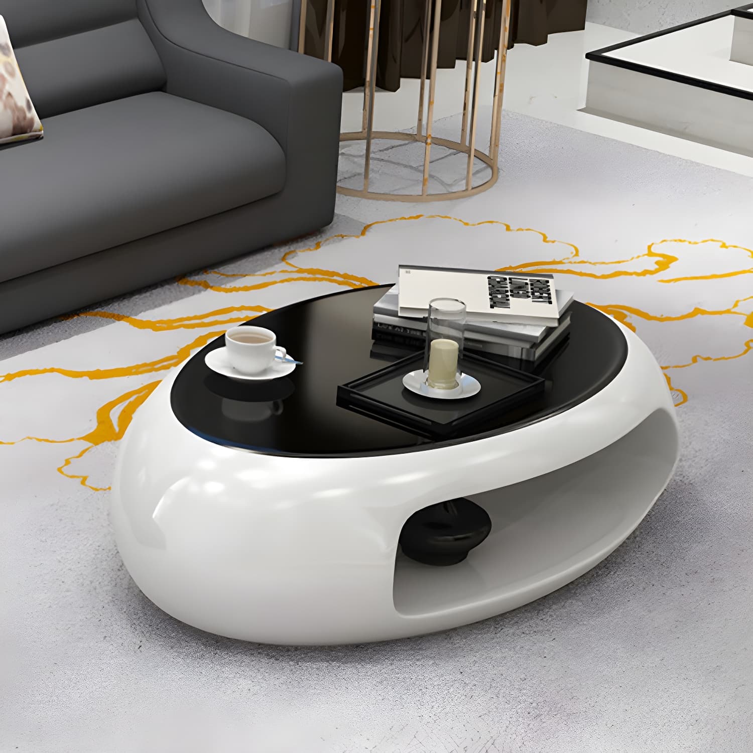 Modern Oval Coffee Table with Storage Shelf and Plastic Pedestal Base - image 5