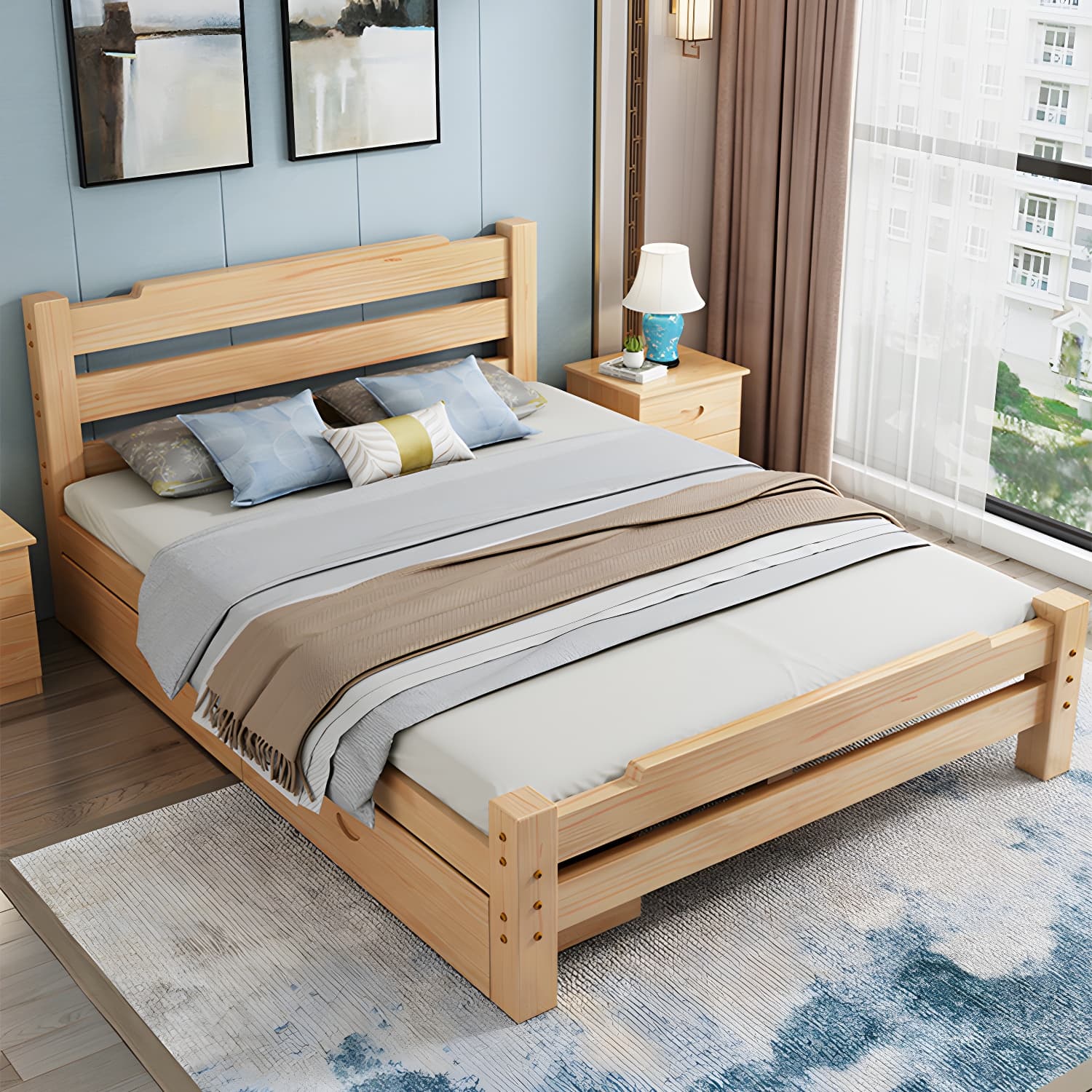 Pine Wood Bed in Light Brone Scandinavian Bed with Headboard