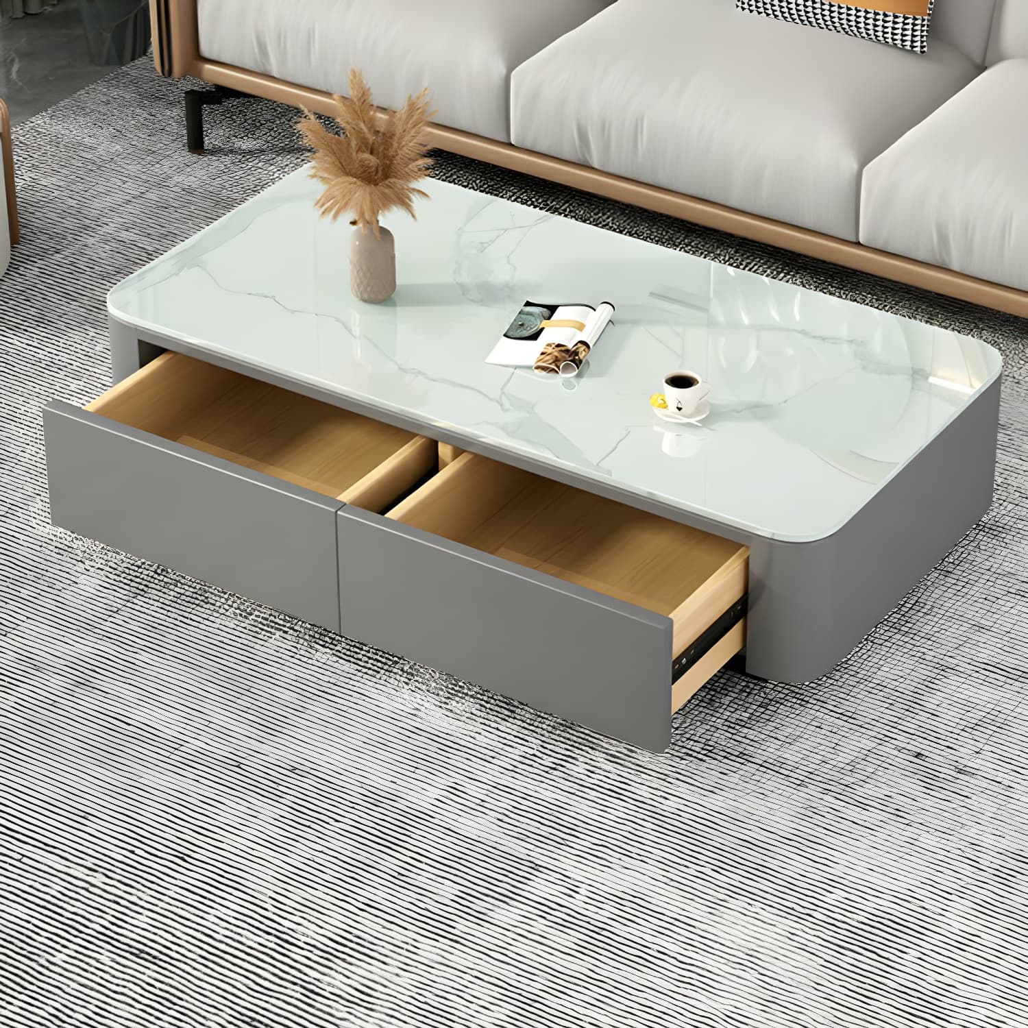 Modern Rectangular Coffee Table with Tempered Glass Top & Black Wood Base - image 10
