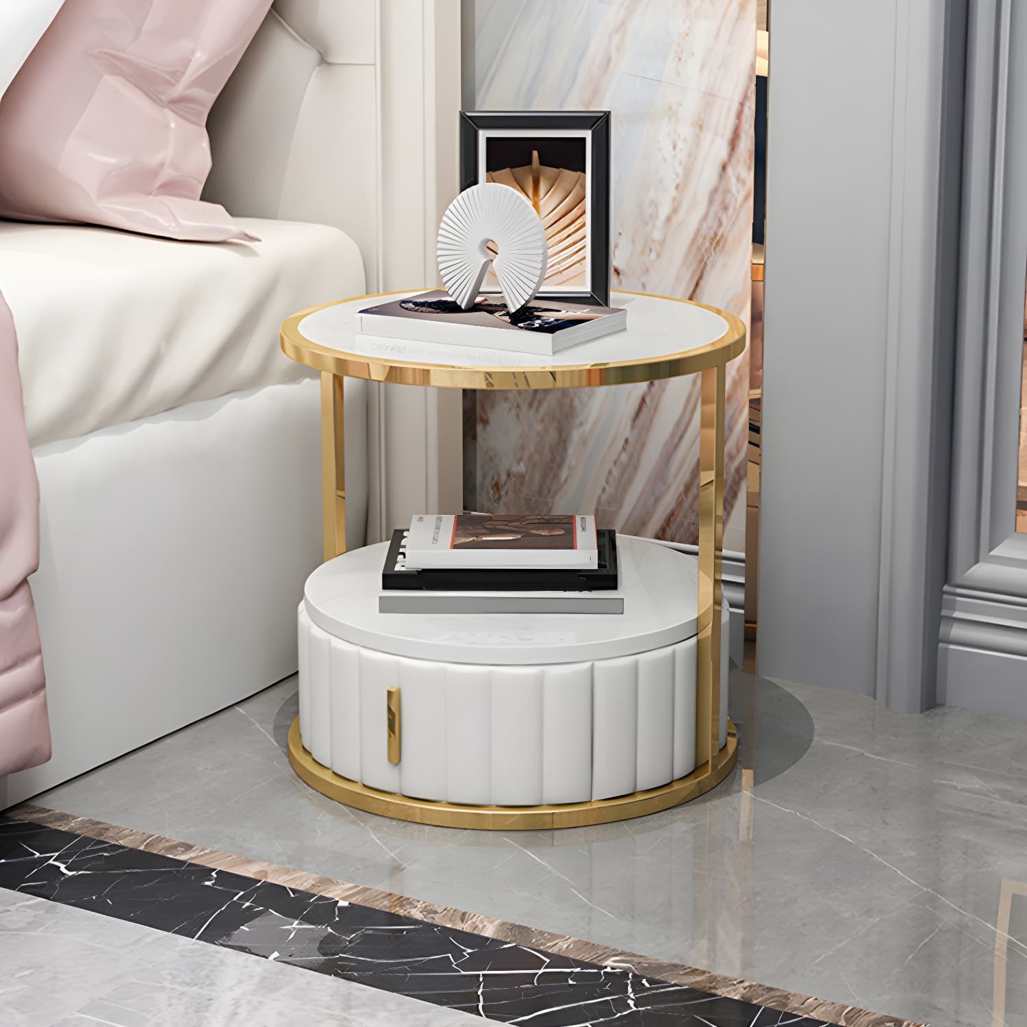 Modern Open Storage Nightstand Stone Top 20 Inch Tall 1-Drawer Night Table - image 12