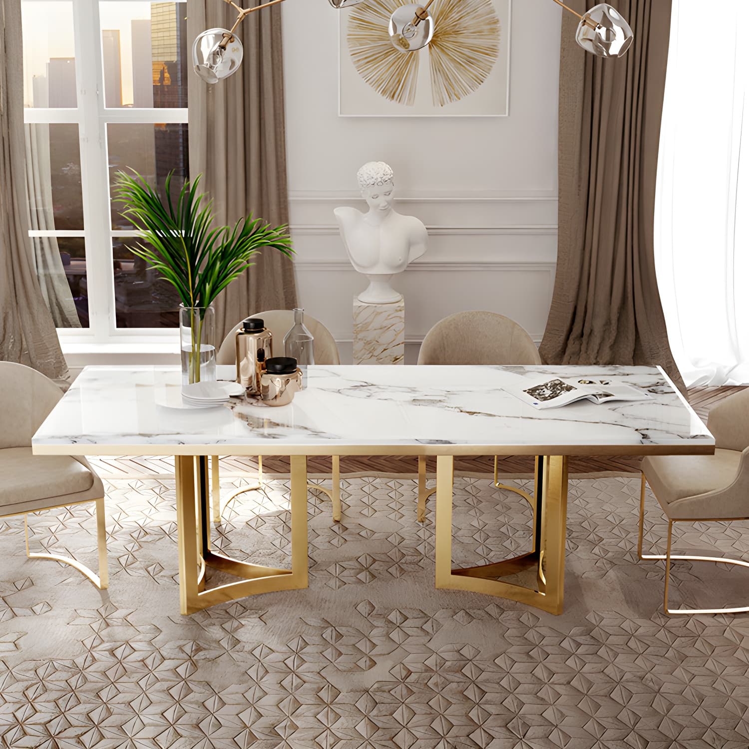 Traditional Luxury Dining Table Rectangle Double Pedestal Table with Gold Frame - image 10