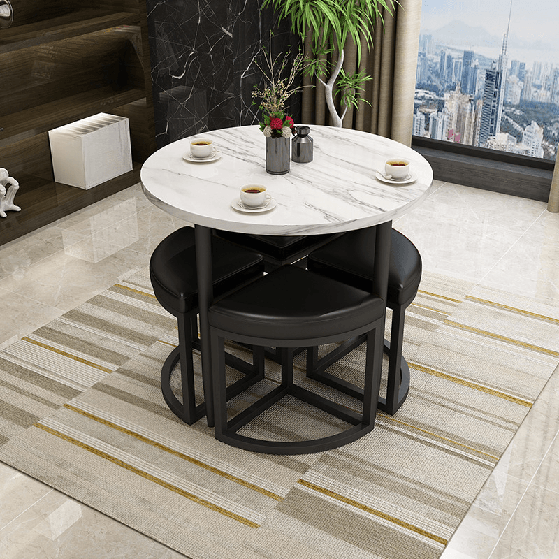 Reclaimed Wood Round Dining Table Set with Metal Toboggan Base and Upholstered Backless Chairs for 4 People - image 29