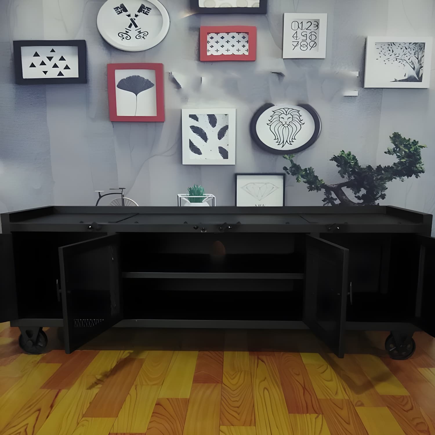Metal Black TV Cabinet Industrial Style Home TV Stand Console with Casters - image 3