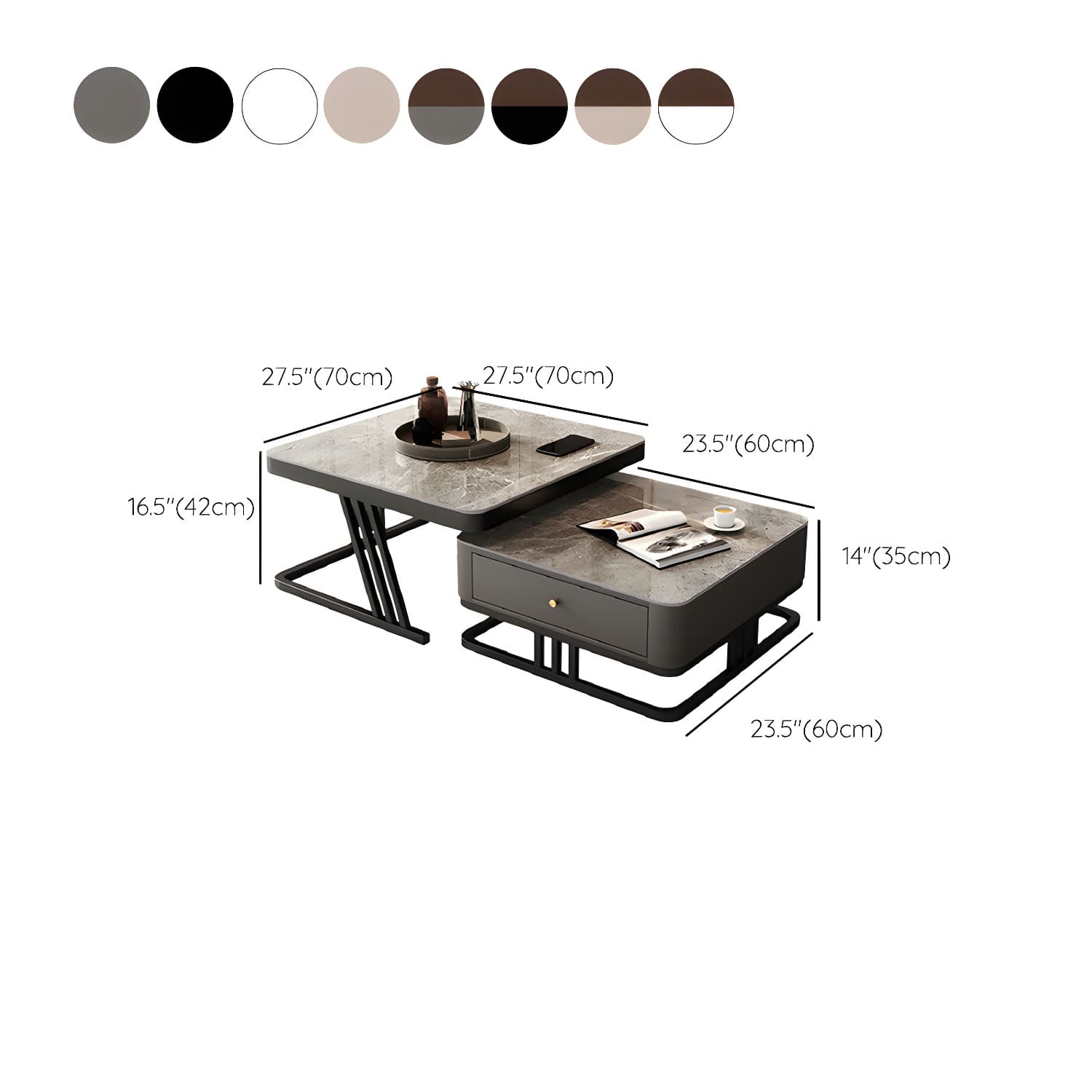Modern Round Glass / Slate Cocktail Table Steel Frame Coffee Table with Drawer - image 15