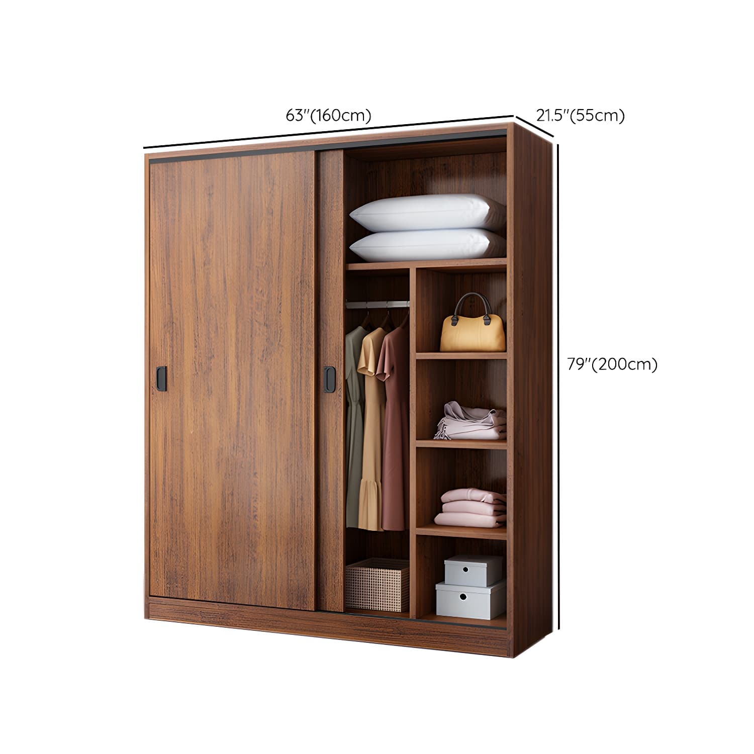 Non-Adjustable Traditional Brown Wood Wardrobe Armoire with Sliding Doors and Soft Close Drawers - image 13