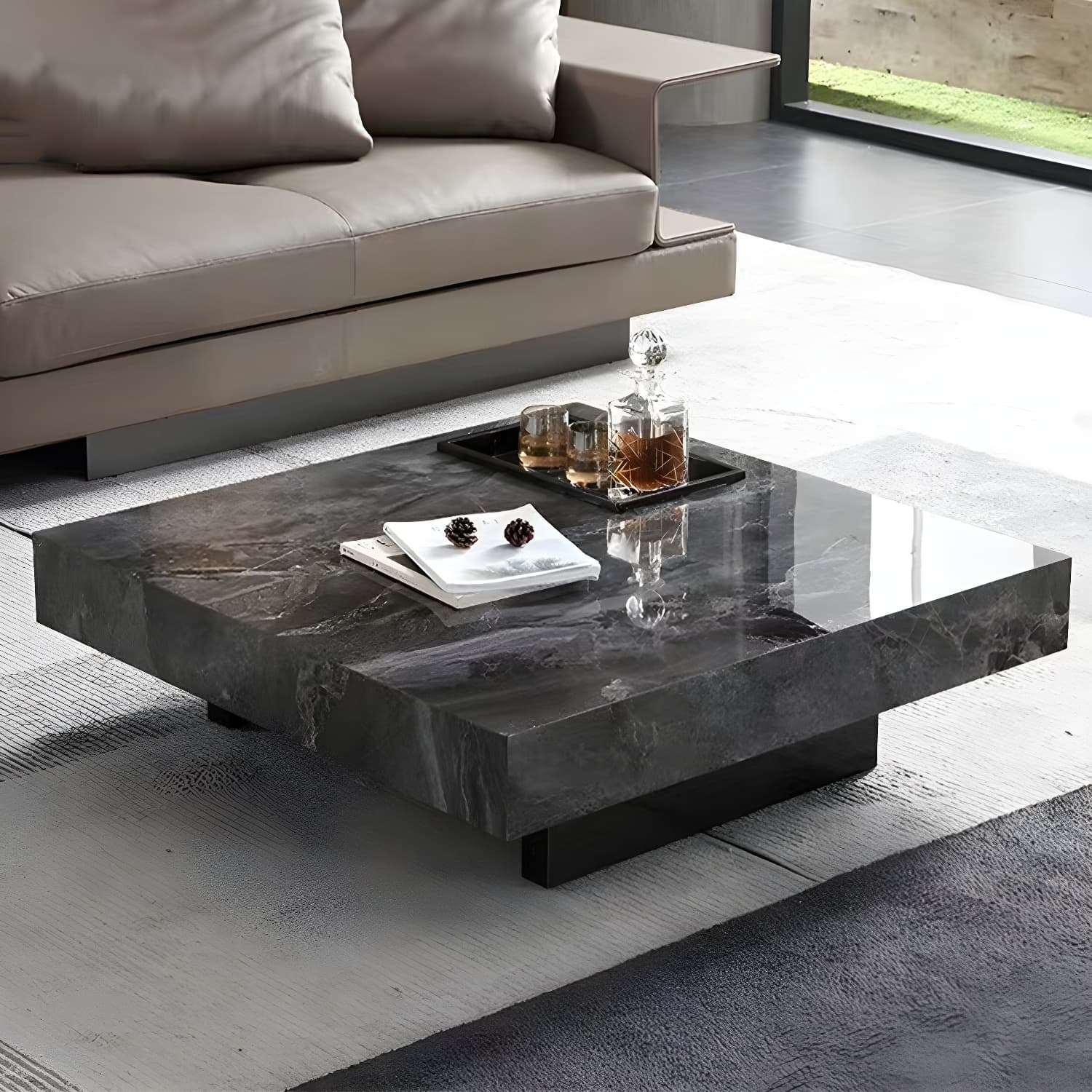 No Distressing Coffee Table Pedestal Faux Marble Square Cocktail Table - image 4