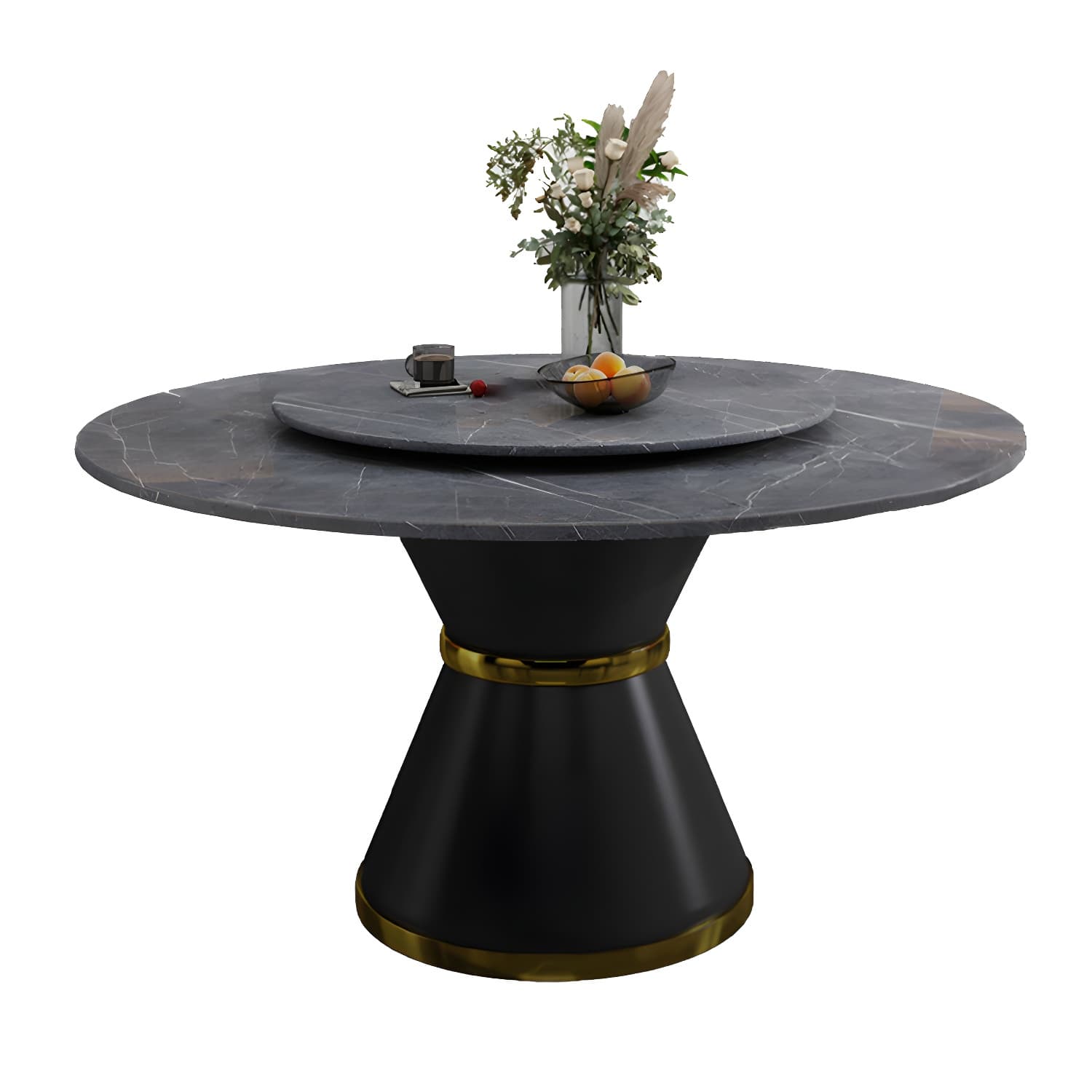 Stone Modern Round Dining Table with Black Steel Pedestal Base and Lazy Susan - image 8