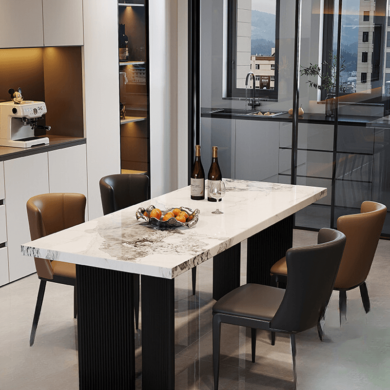 Dining Table Set with Slate Stone Top, Two-sided Pedestal, Fixed Table, Padded Chair, Back, and White Finish