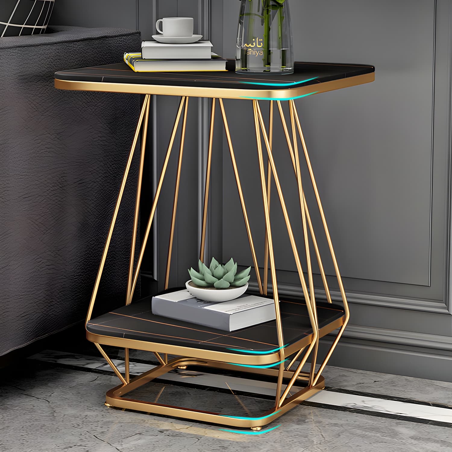 Glam Metal Night Table Stone Top 24'' Tall Open Storage Nightstand with Legs - image 12