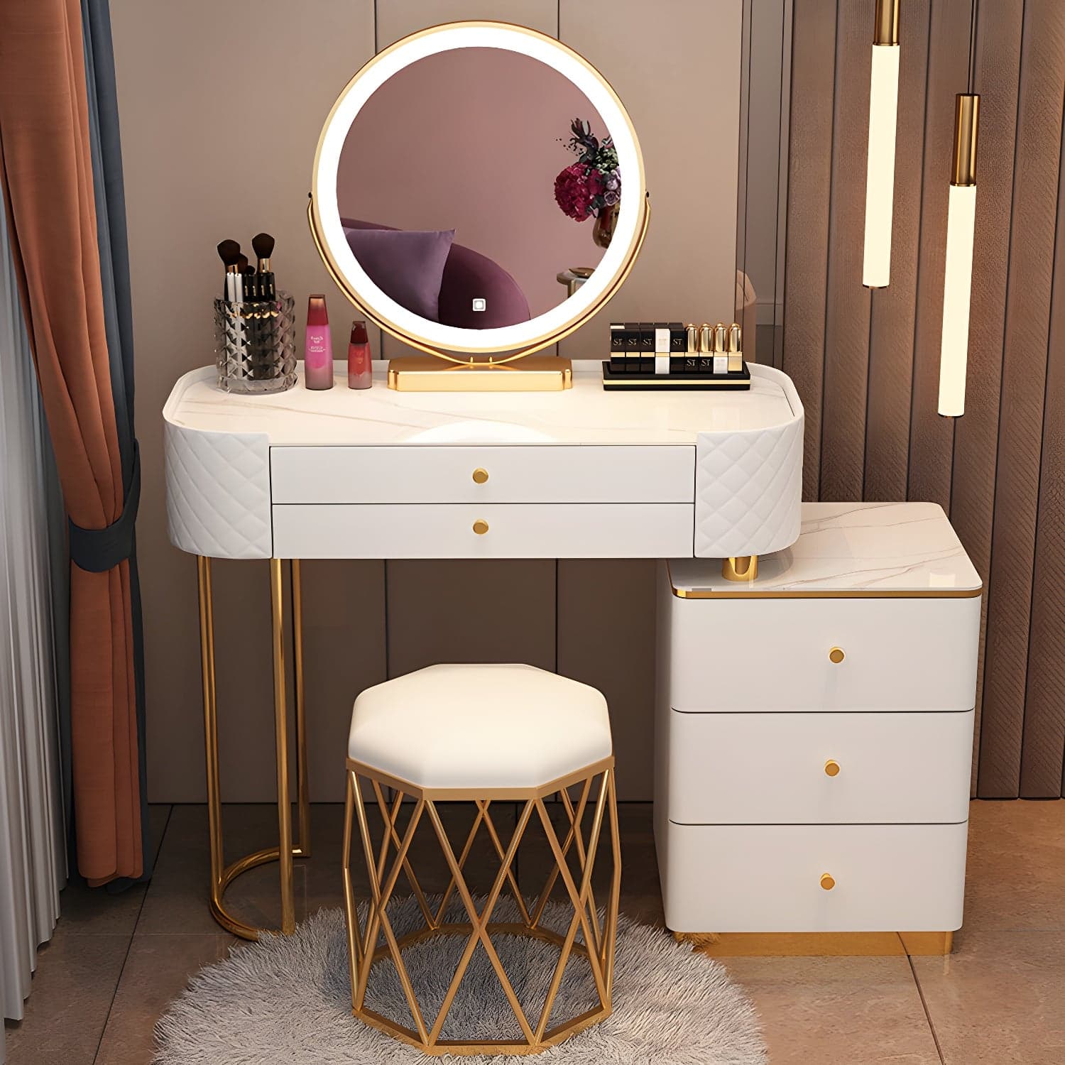 Lighted Mirror & Jewelry Makeup Vanity Metal Dressing Table Stool Set - image 4