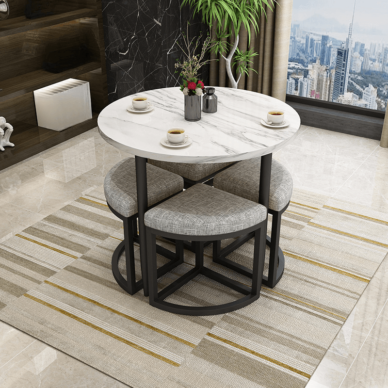Reclaimed Wood Round Dining Table Set with Metal Toboggan Base and Upholstered Backless Chairs for 4 People - image 14