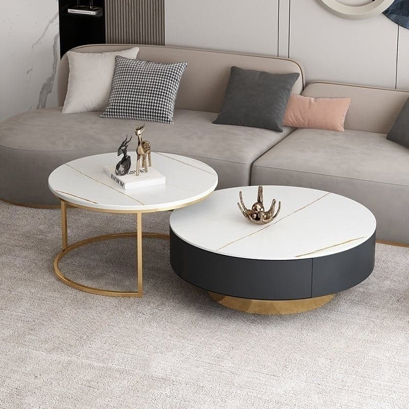 Elegant Gold Metal Drum Coffee Table with Stone Top and Storage Drawers - image 5
