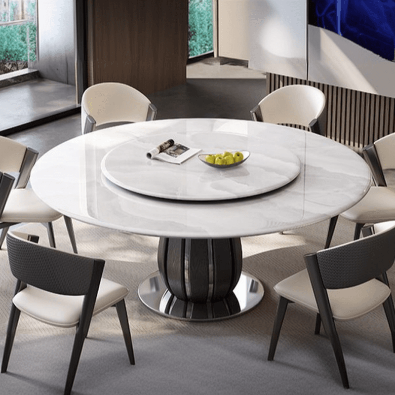 Dining Table Set with Rounded Marble Slab Top and Stump Base, Featuring Padded Chair with Back in White - image 4