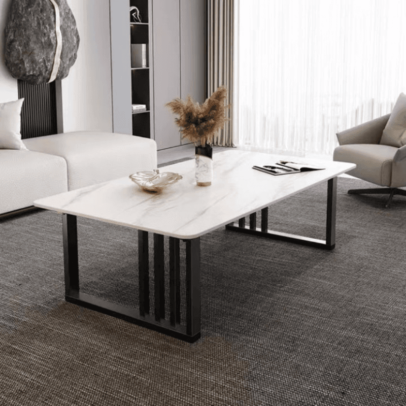 Lavish/Mission Style White Sintered Stone Geometric Figure Single Side Table with Sledge Base