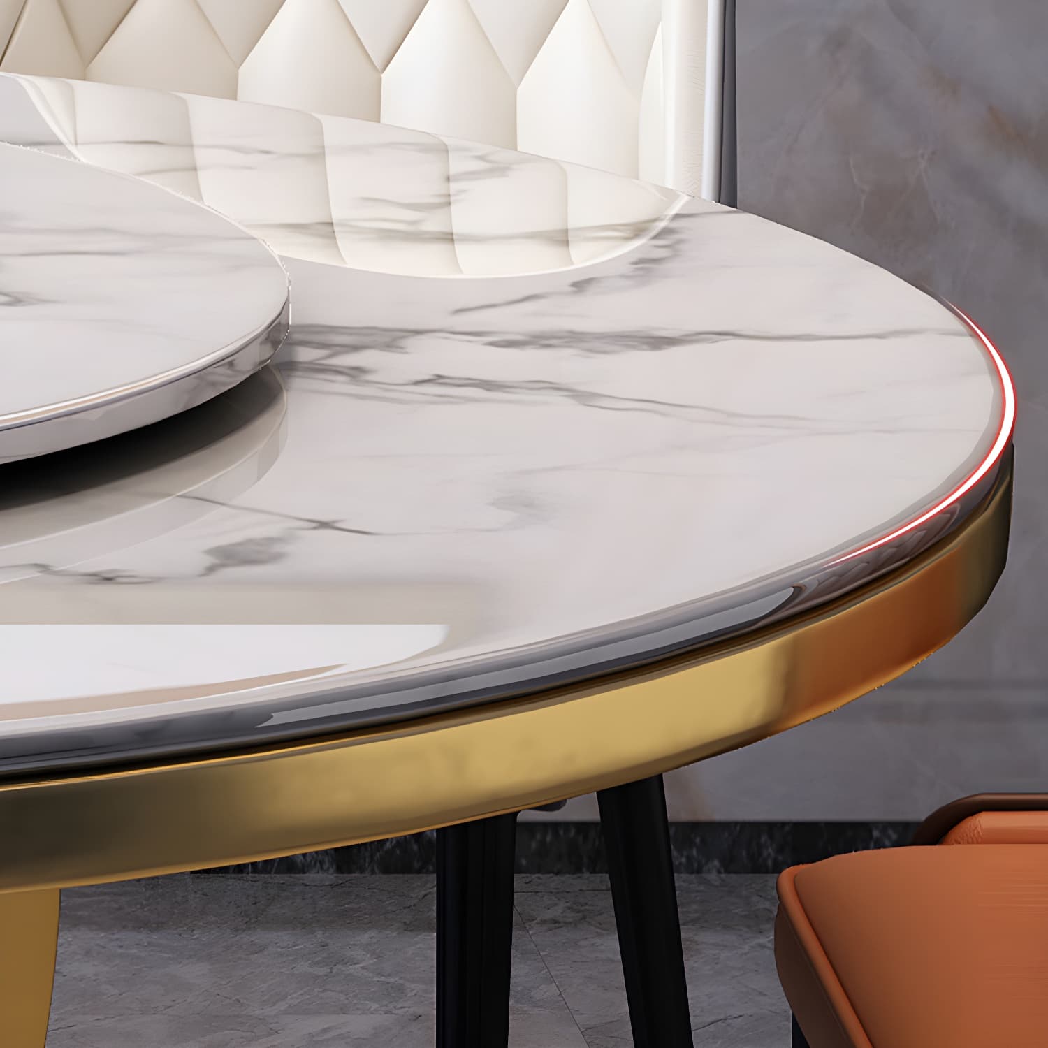 Glamorous Round Marble Dining Set with Gold Metal Pedestal Base and Upholstered White Chairs - image 4