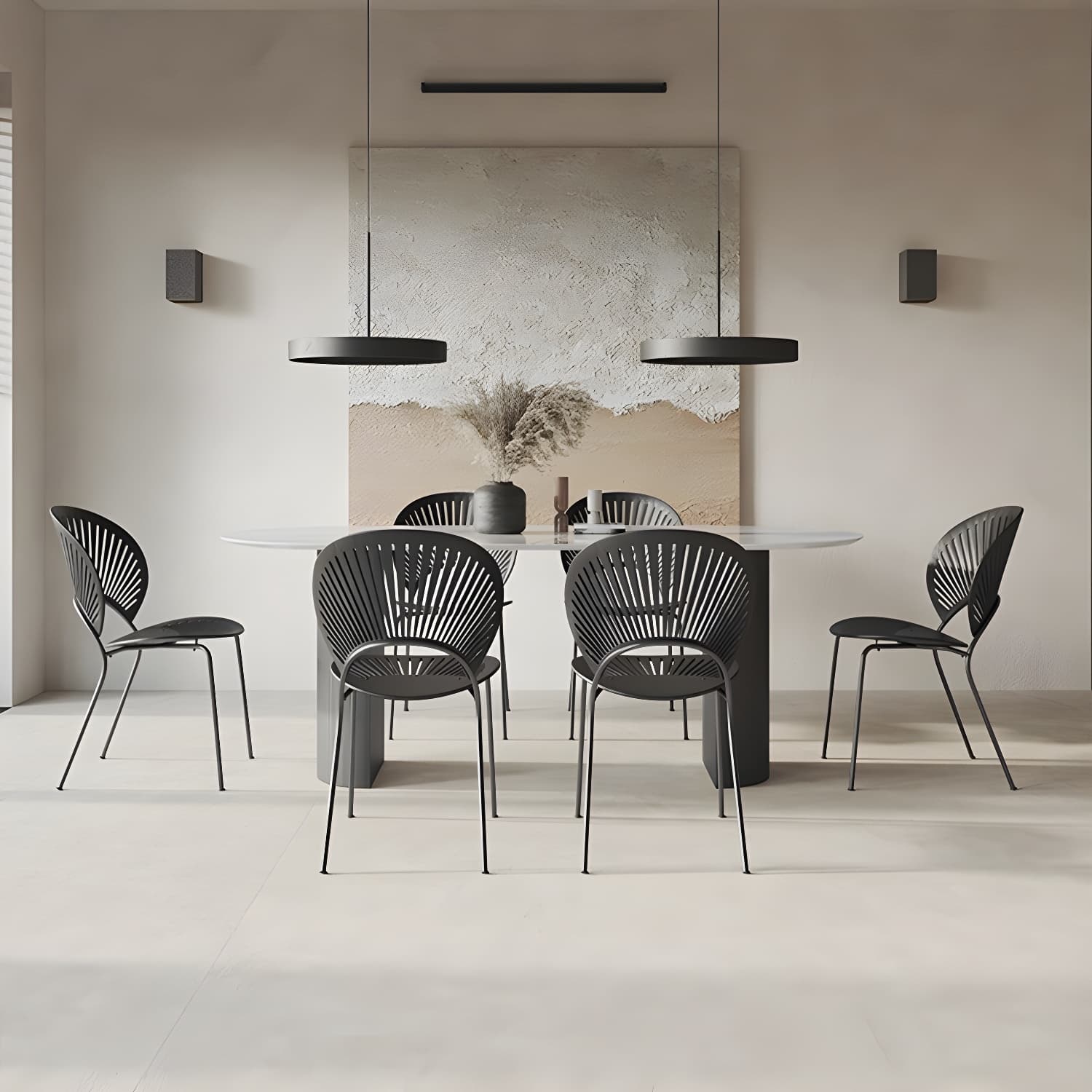 Modern Oval Dinette Table Sintered Stone Top Black Steel Double Pedestal Table - image 5