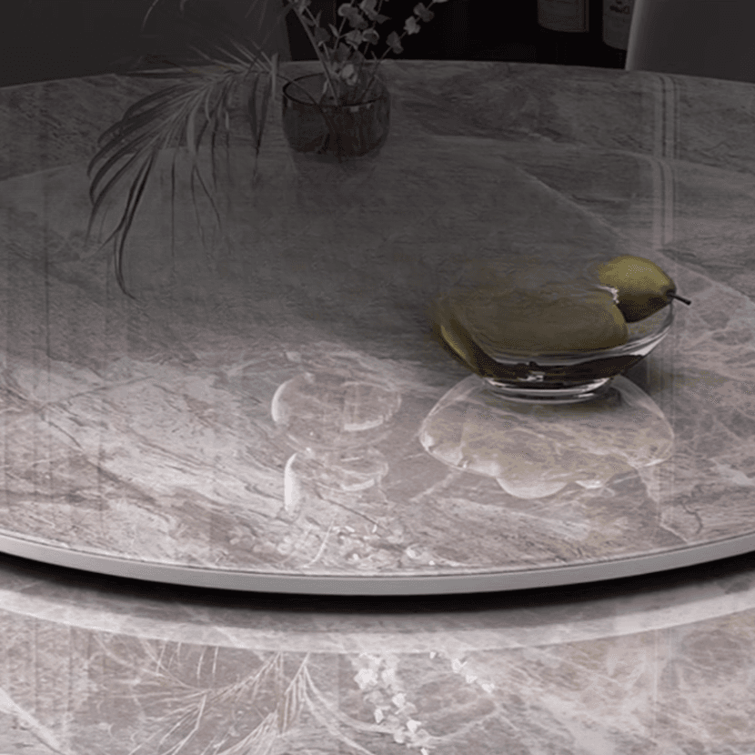 Minimalist Rounded Dining Table Set with Slate Stone Top, Stump Base in Light Gray