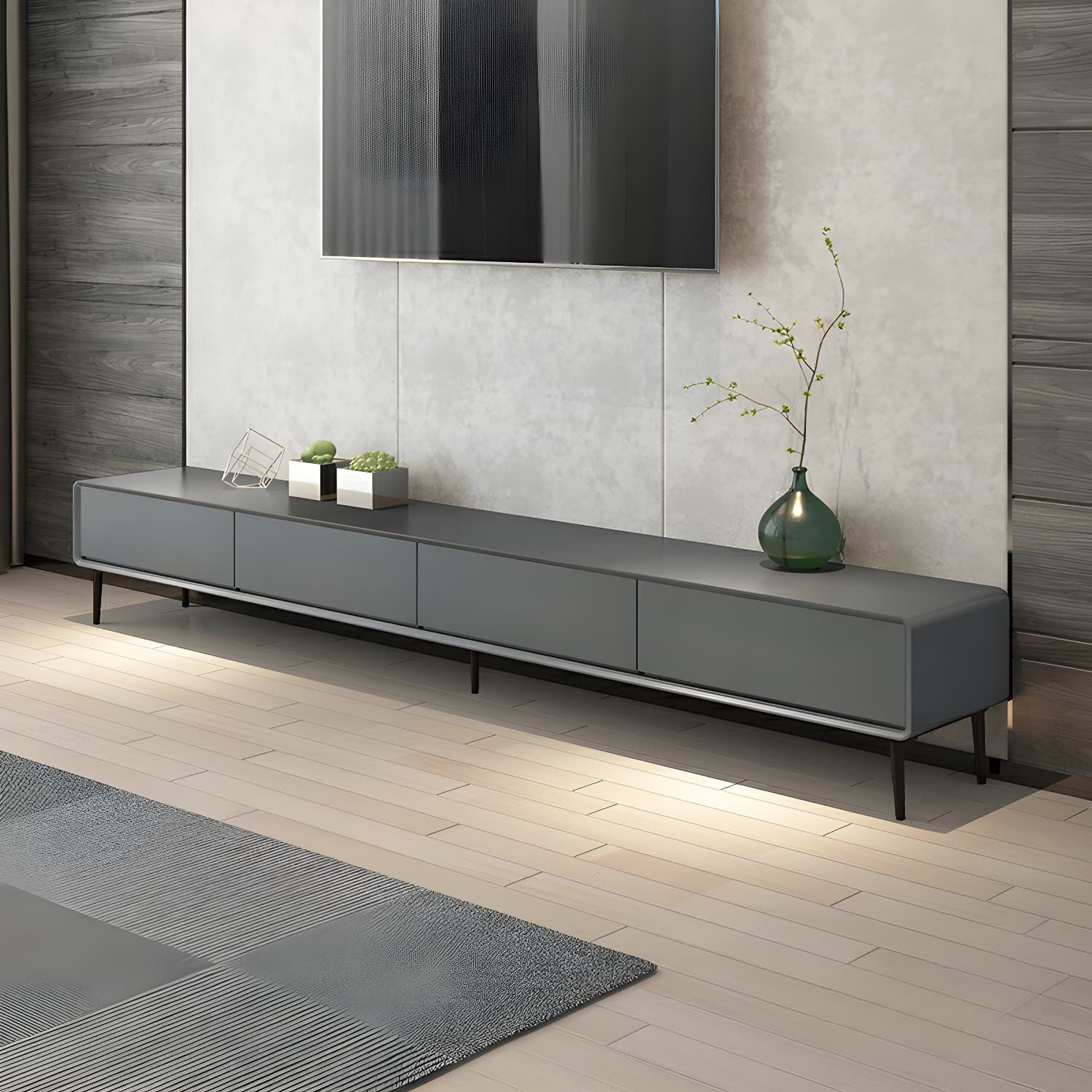 Modern Wooden Long and Low TV Stand with 4 Drawers, No Assembly Required, Dark Tone - image 4