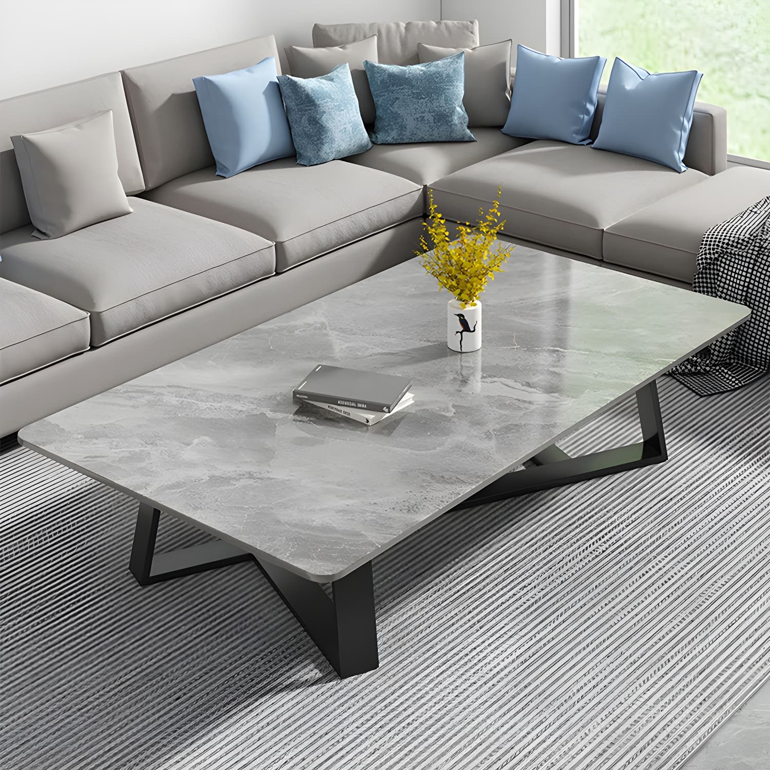 Modern Rectangle Coffee or End Table Stone and Steel Coffee Table with Cross Legs - image 6