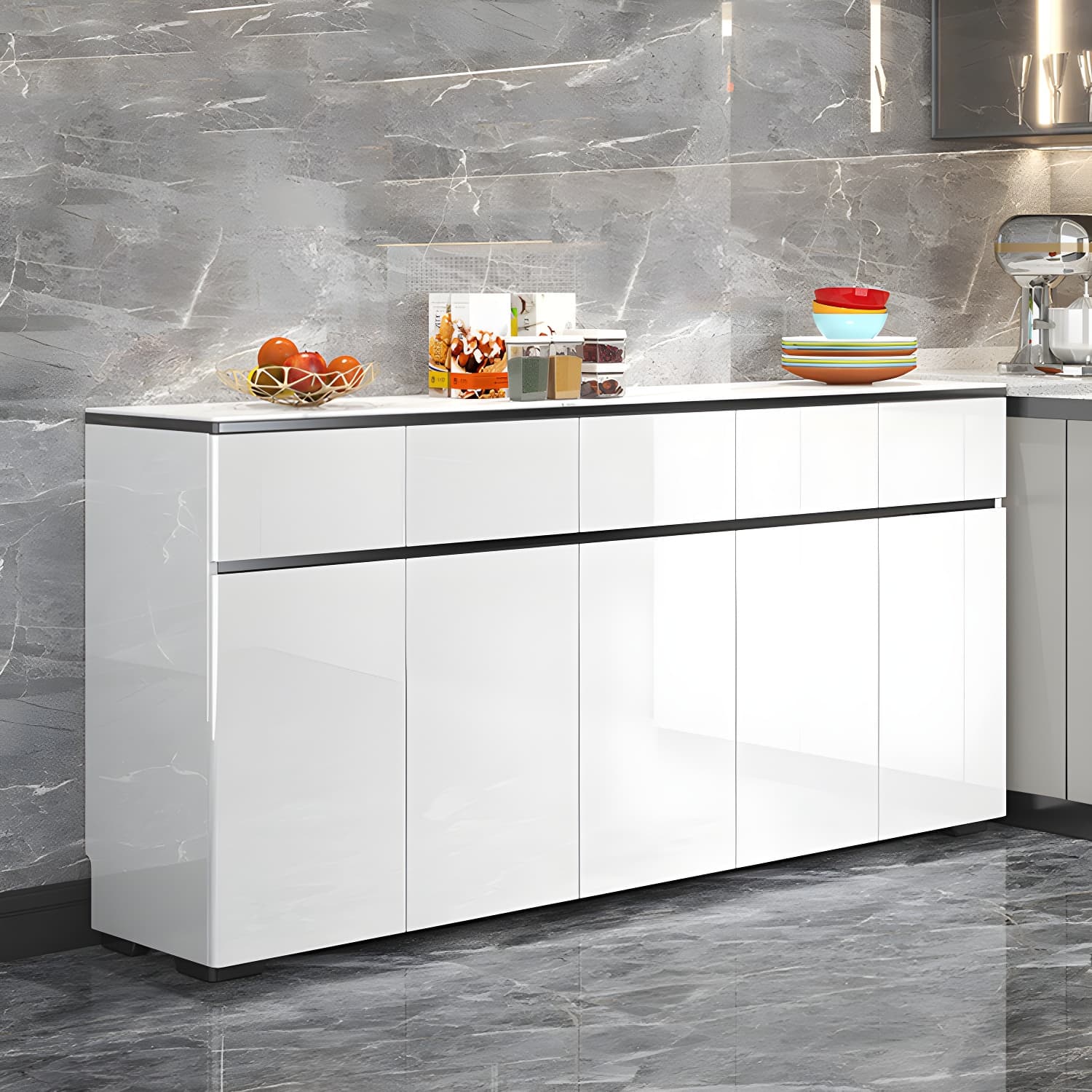 Modern White Sideboard with Glass Countertop, Cabinets, and Drawers - image 4