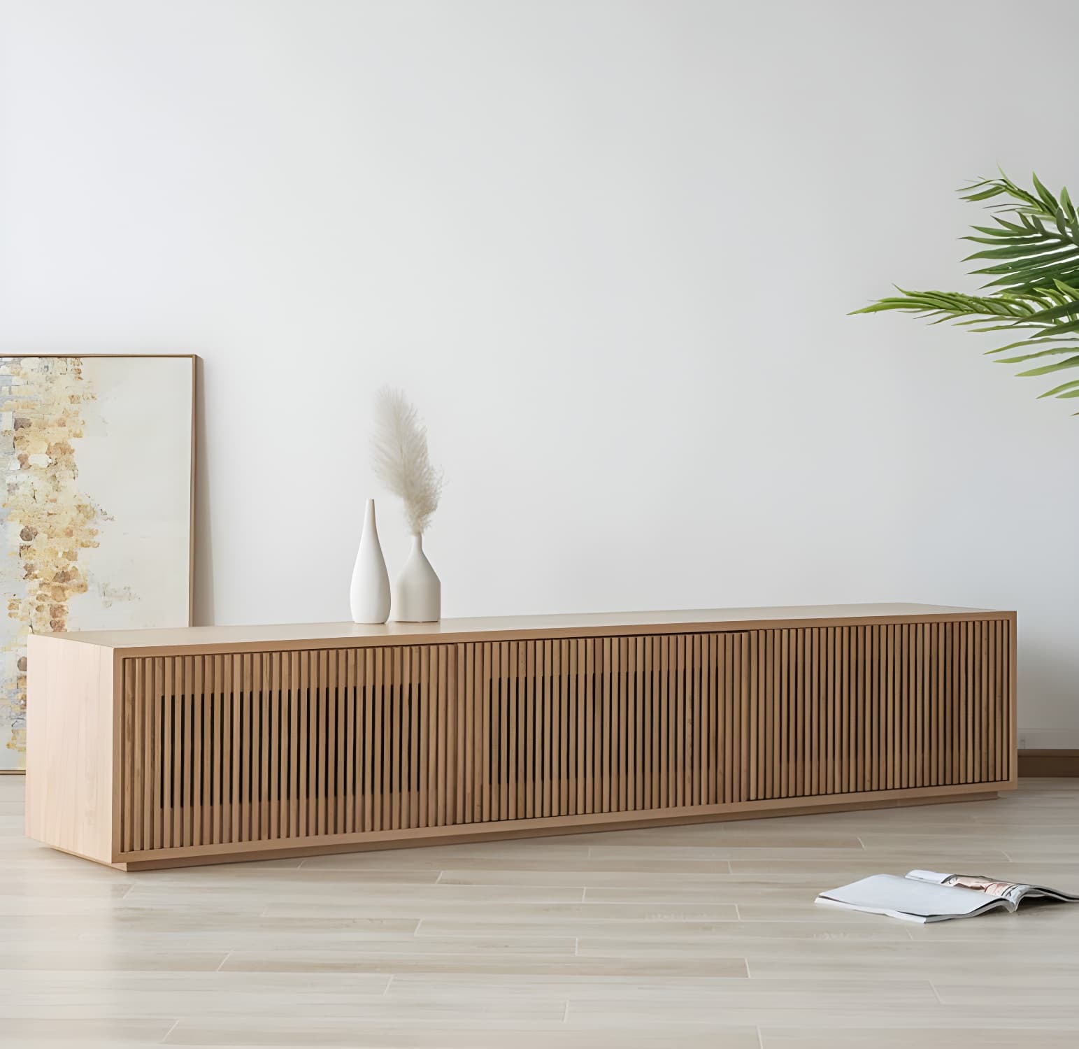 Scandinavian Wood TV Stand with Low Height, Cabinet, and Ventilation Features - No Assembly Required - image 6