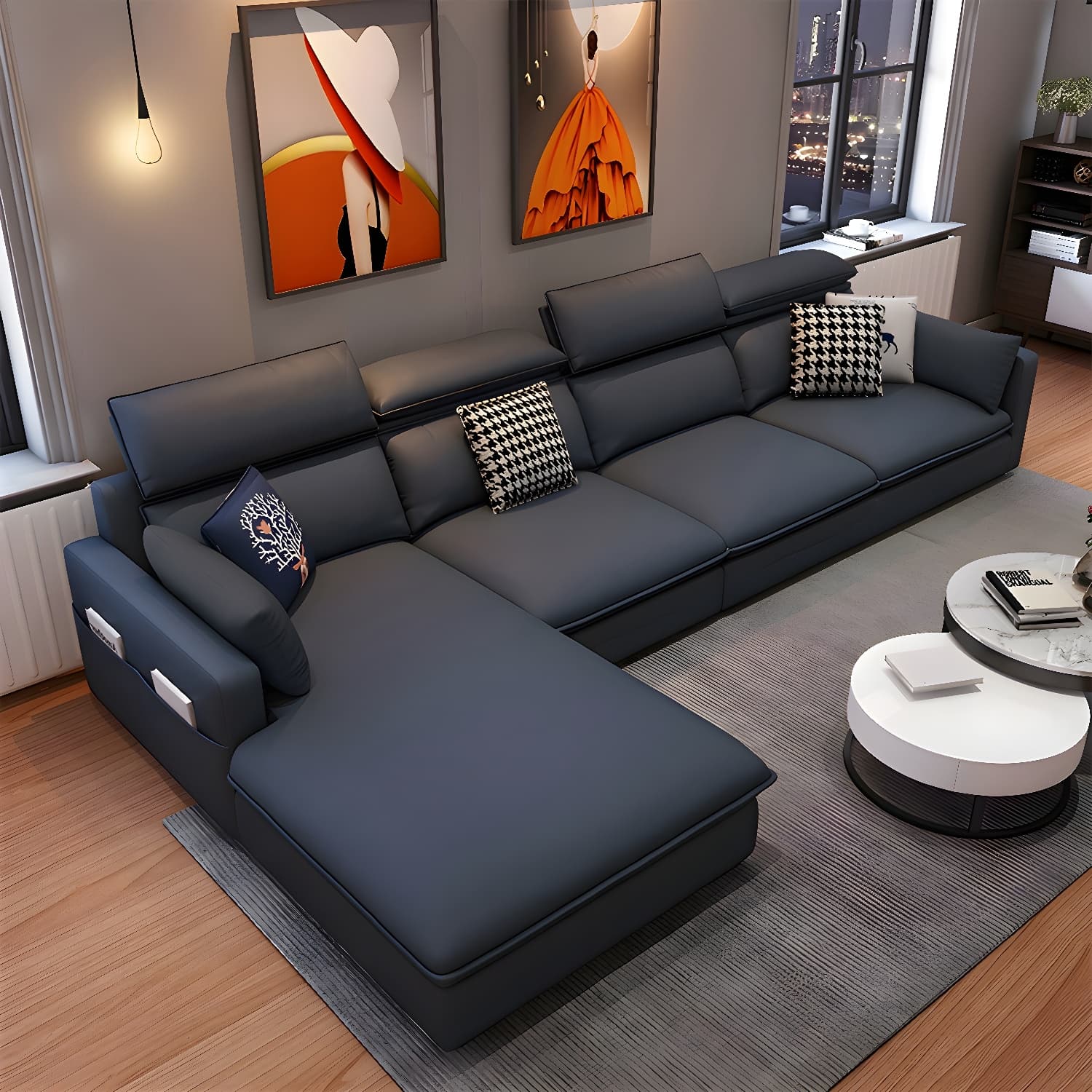 Modern Wood Frame L-Shape Sectional Sofa Chaise with Tech Cloth Upholstery