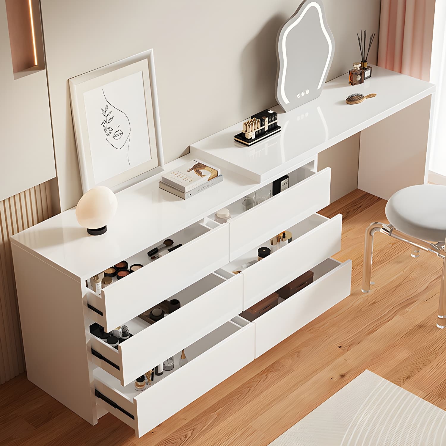 Contemporary White Wood Rectangle Top Make-up Vanity with Lighted Mirror - image 4