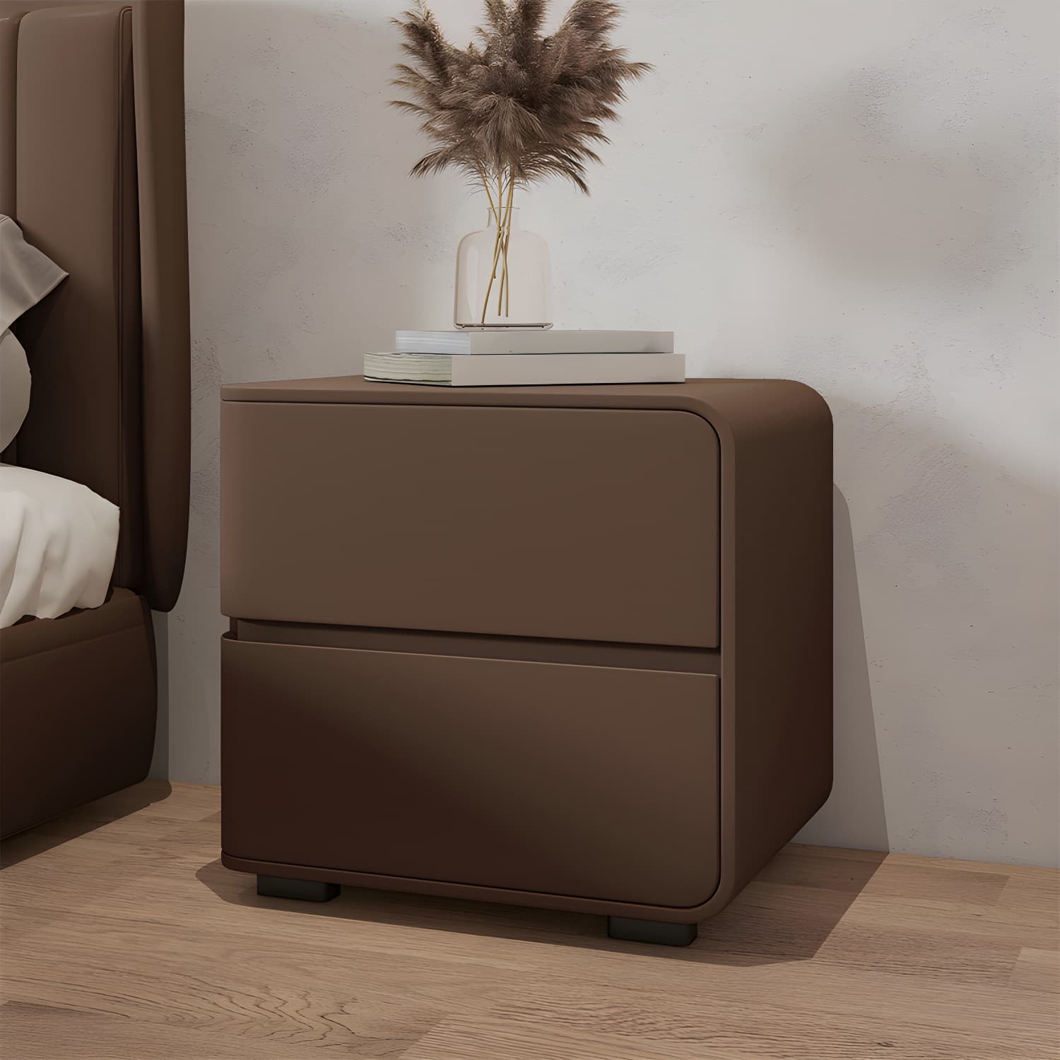Modern Wood Nightstand with 2 Drawers - Small and Low Profile - Faux Leather Countertop