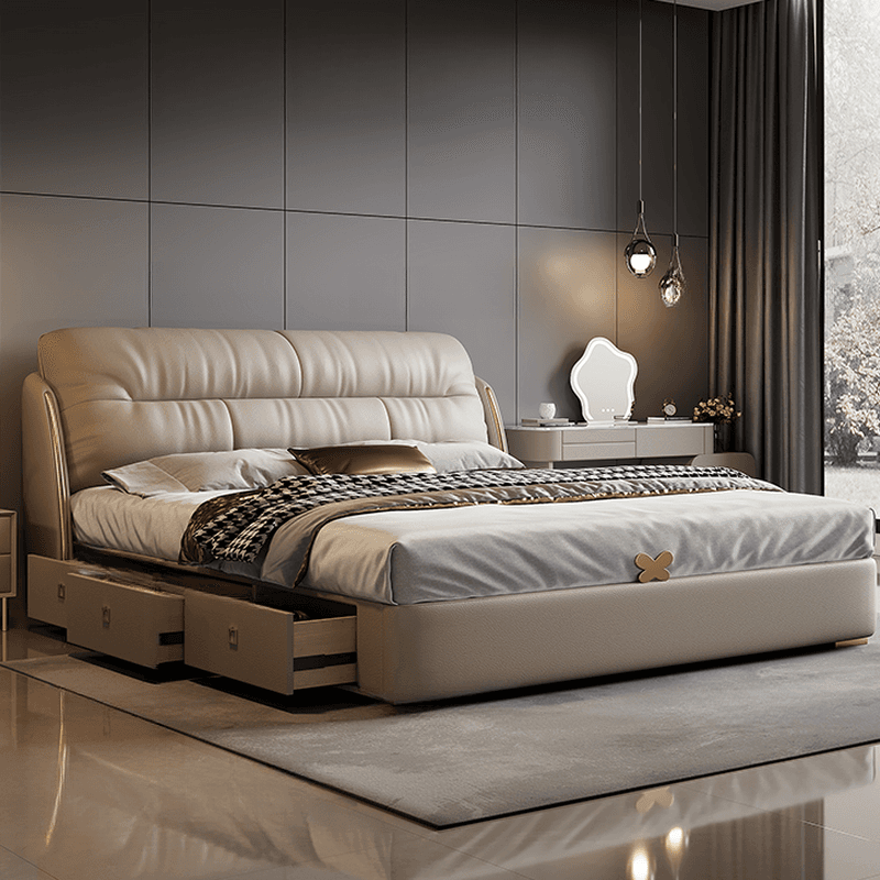 Cream Solid Color Storage Included/Panel Bed with 3 Storage Boxes for Bedroom - image 3