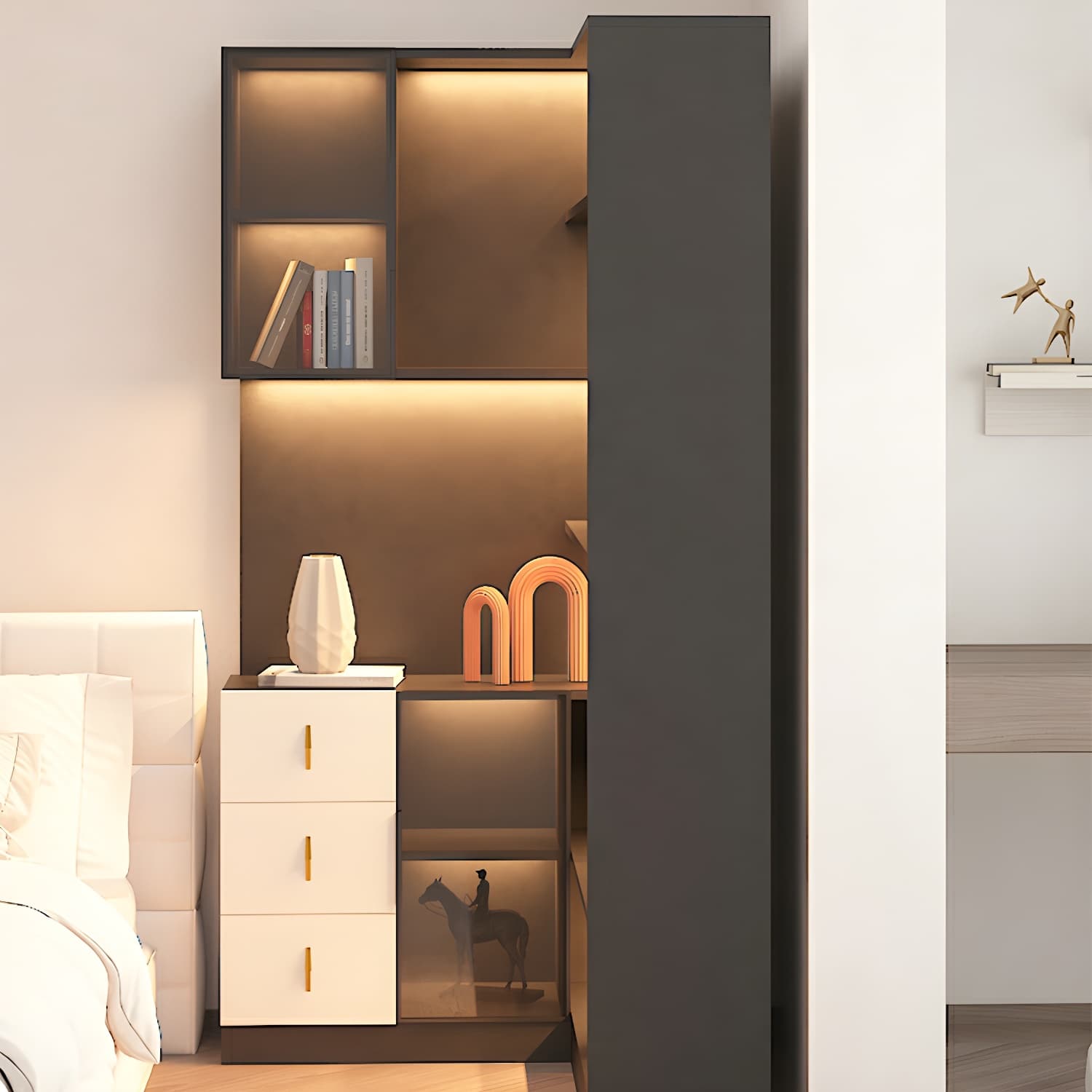 Corner Modern Accent Cabinet with Wood Counter Top, Glass Doors, Drawers, and Adjustable Shelves - image 5