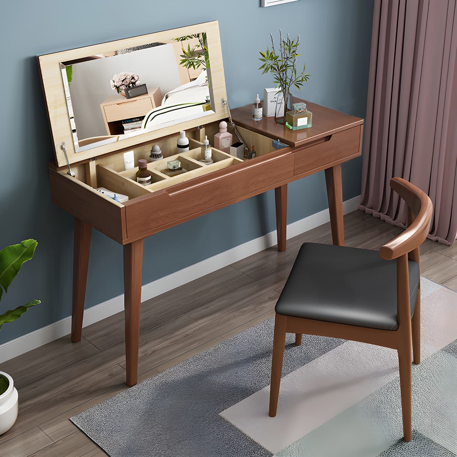 Scandinavian Solid Wood Vanity Makeup Table Set 1 Drawer Flip-Top Dressing Table - image 5