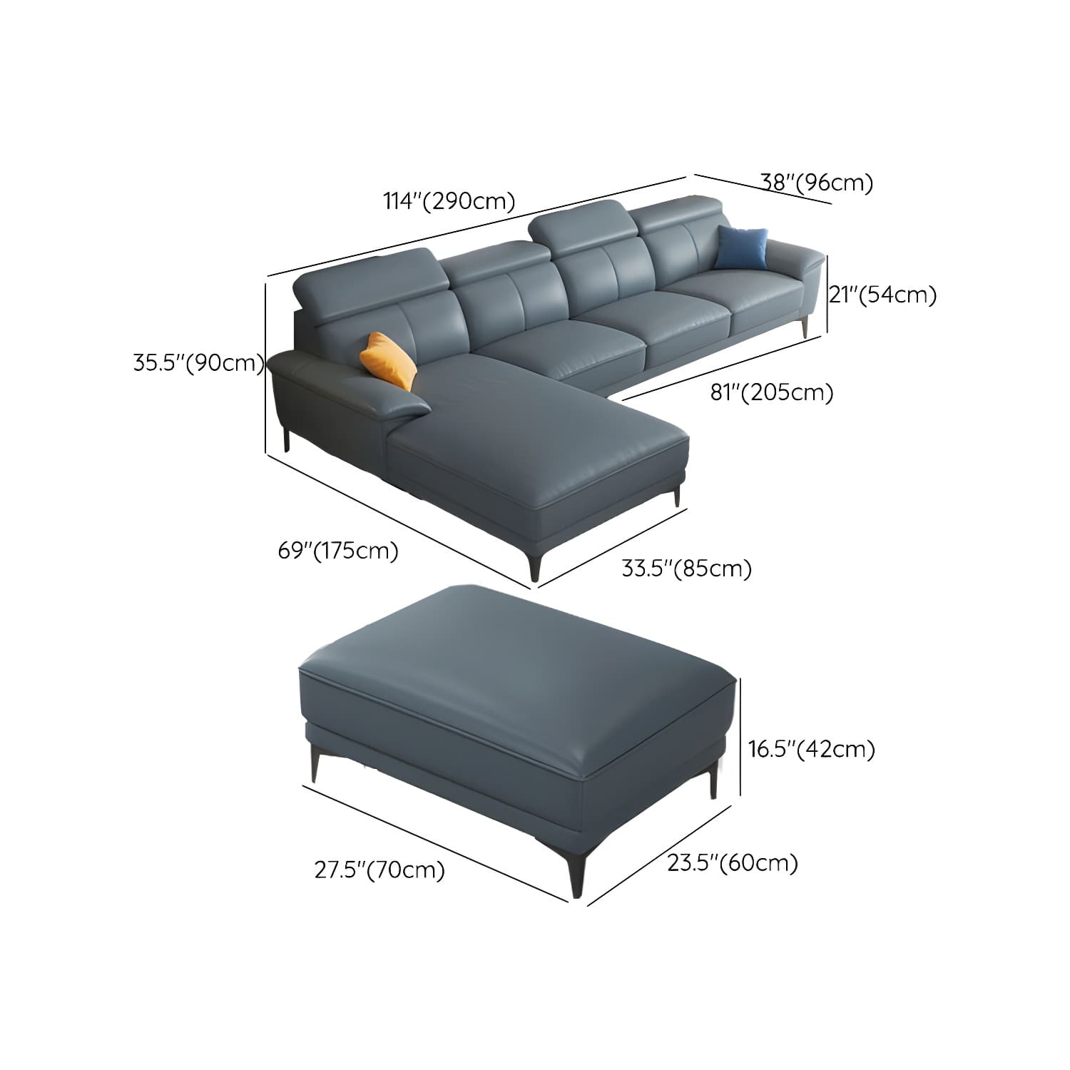 Modern Genuine Leather Sectional Sofa with Pillow Top Arms and Black Legs - image 12