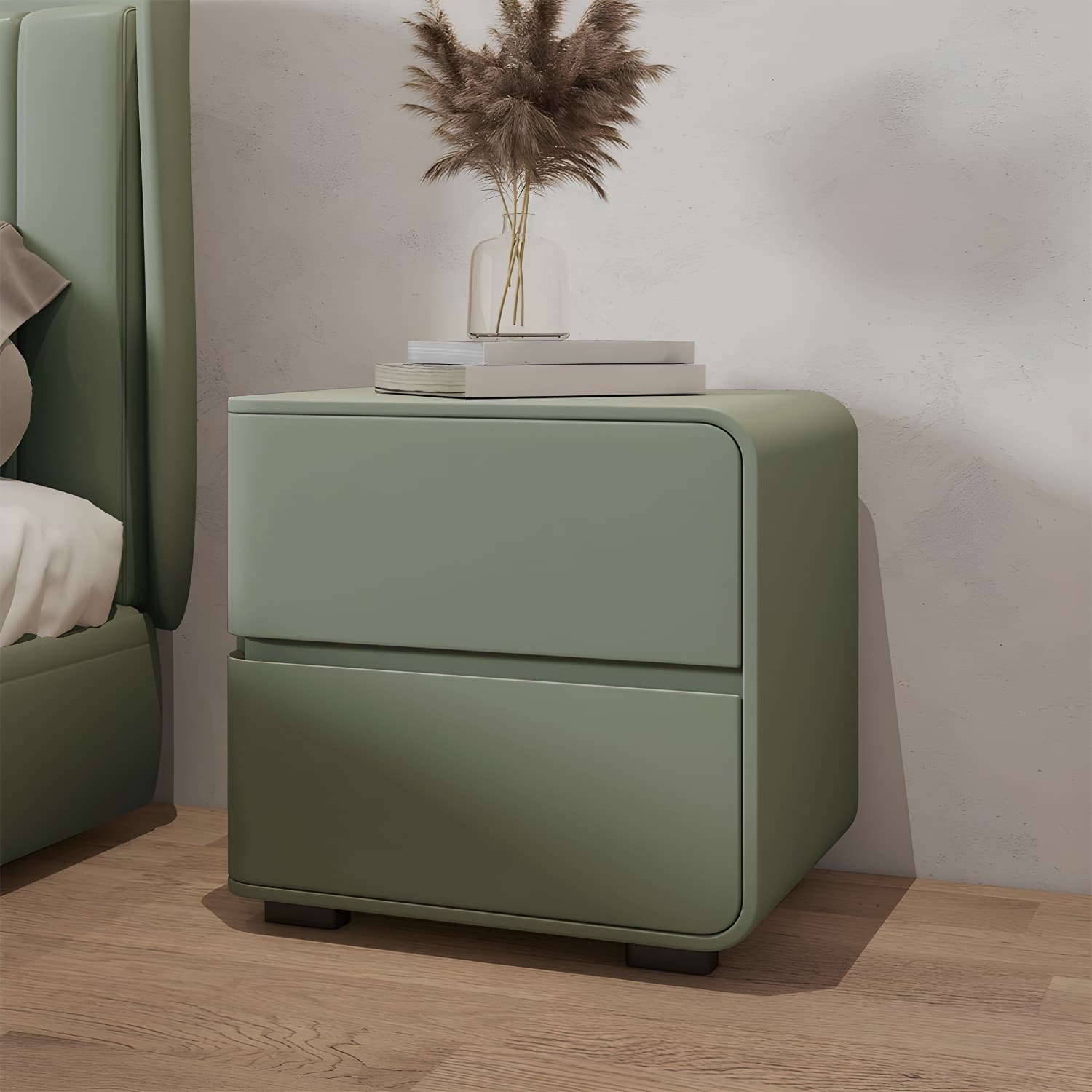 Modern Wood Nightstand with 2 Drawers - Small and Low Profile - Faux Leather Countertop - image 4