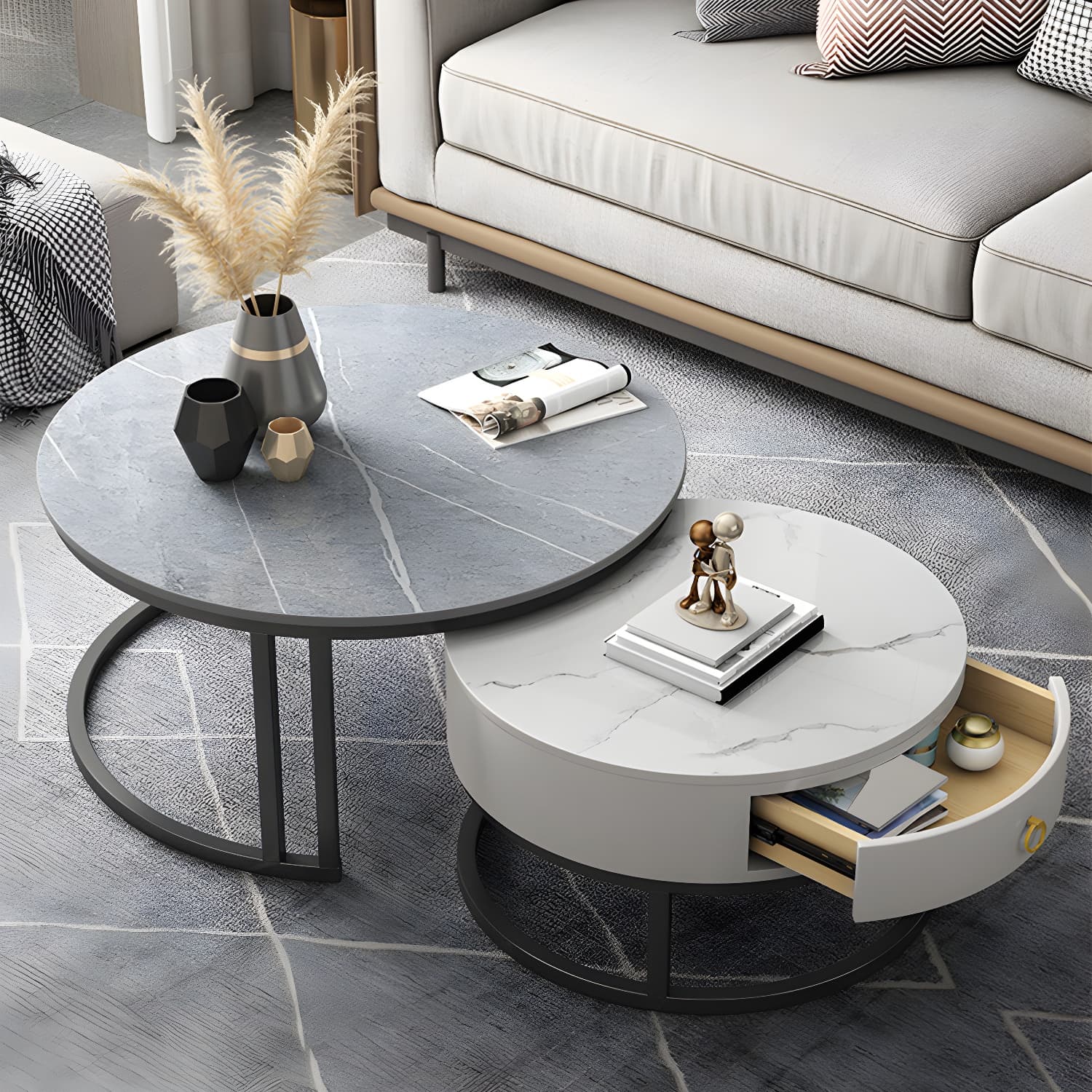 Contemporary Nesting Coffee Table Set Stone Frame Coffee Table Set - image 4