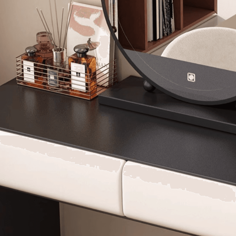Simplistic Large Vanity Set with Lumber Table Top, Cream Seat, 5 Drawers, and Mirror Lights - image 4