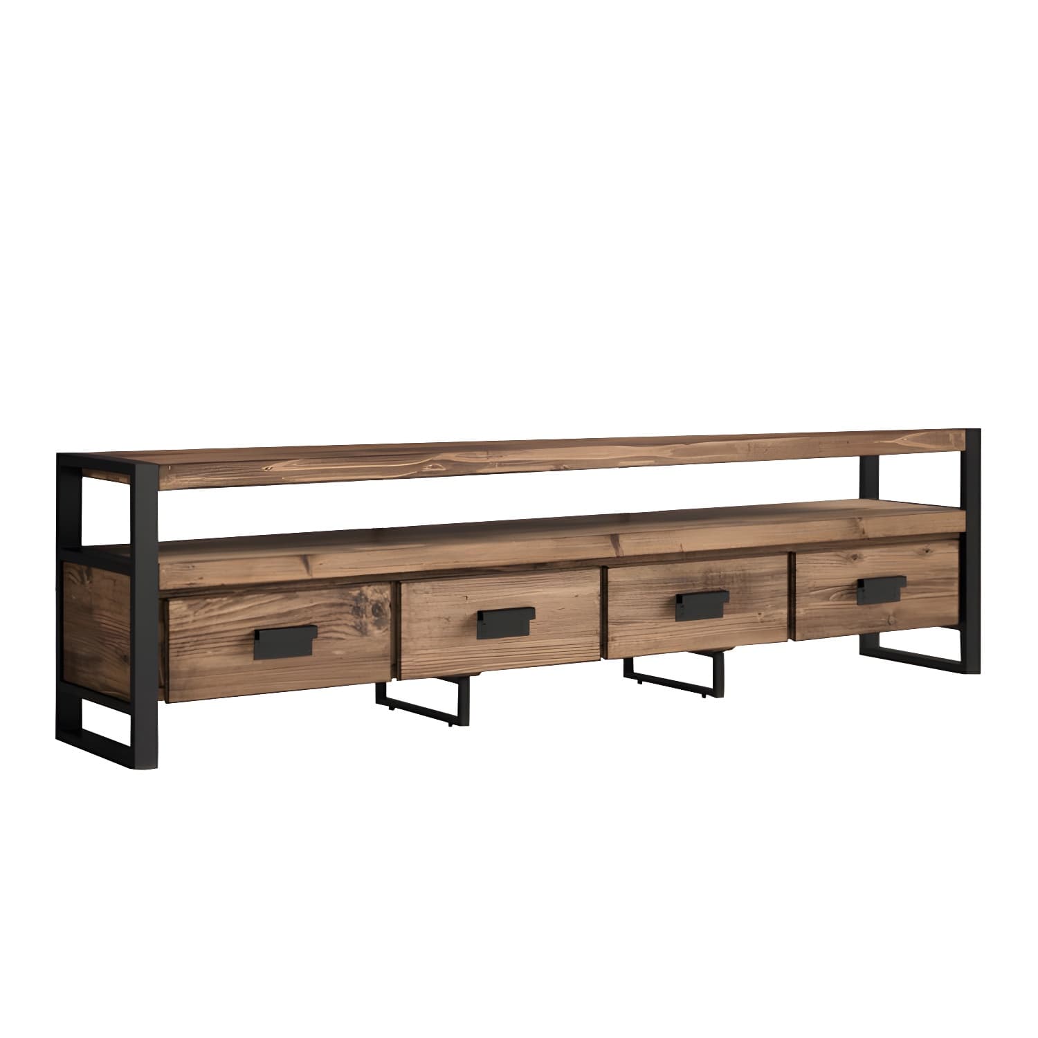 Brown Media Console with Shelves Industrial Pine Wood Top TV Media Stand - image 5