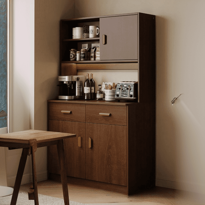 Modish Sideboard/Microwave Shelf Cabinet with Multiple Drawers, Narrow Size, 1 to 3 Shelves, Larder Storage, Timber Countertop, and Various Doors