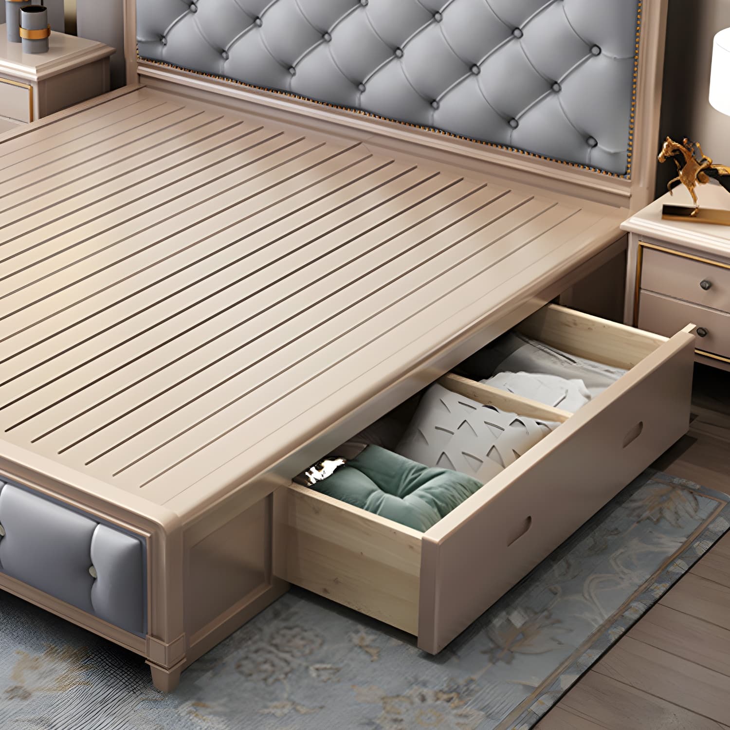 Tufted Upholstered Panel Bed with Nailhead Trim Victorian Solid Wood Bed Frame - image 9
