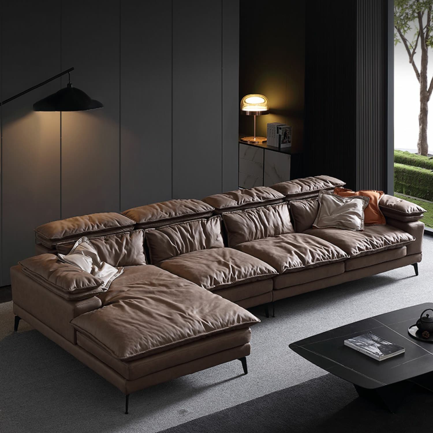 Mid-Century Modern Brown Tech Cloth Sectional Sofa with Wood Frame and Pillow Top Arms