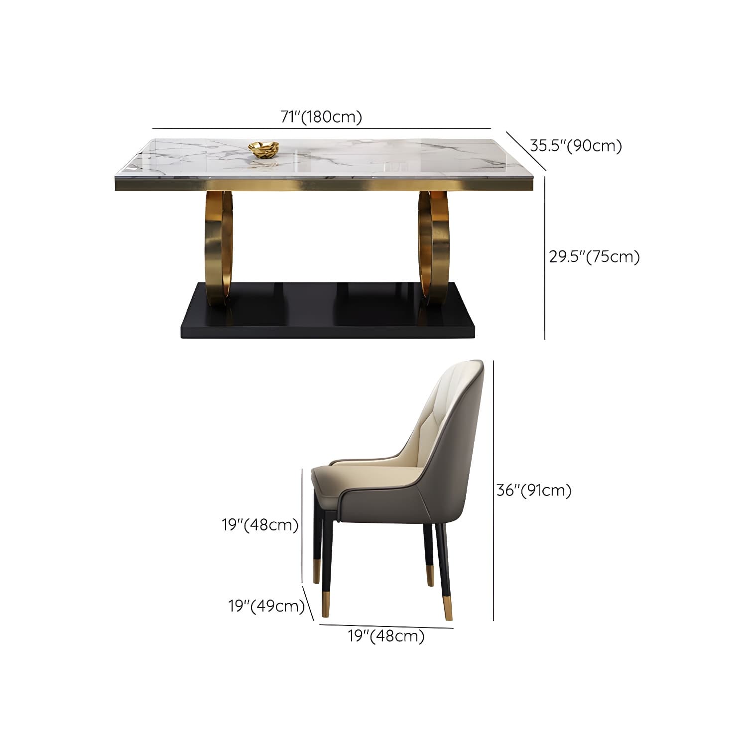 Glam Marble Dining Set with Gold Metal Pedestal Base - White and Beige - 1/5/7 Piece Set - image 19