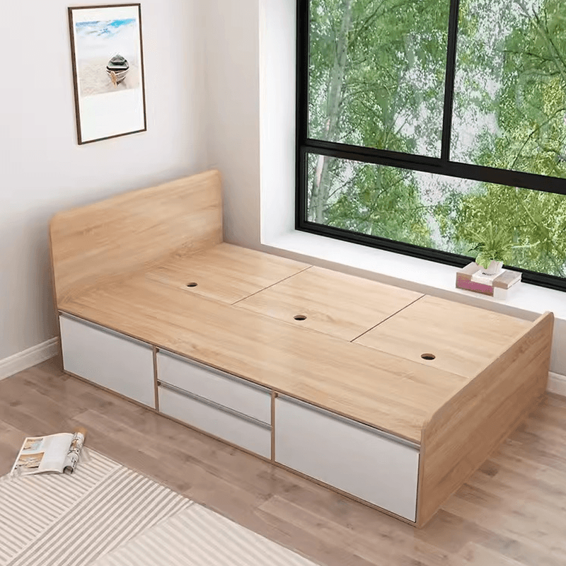Natural Color Solid Color Storage Included Bed with 4 Storage Boxes and Storage Drawer for Bedroom