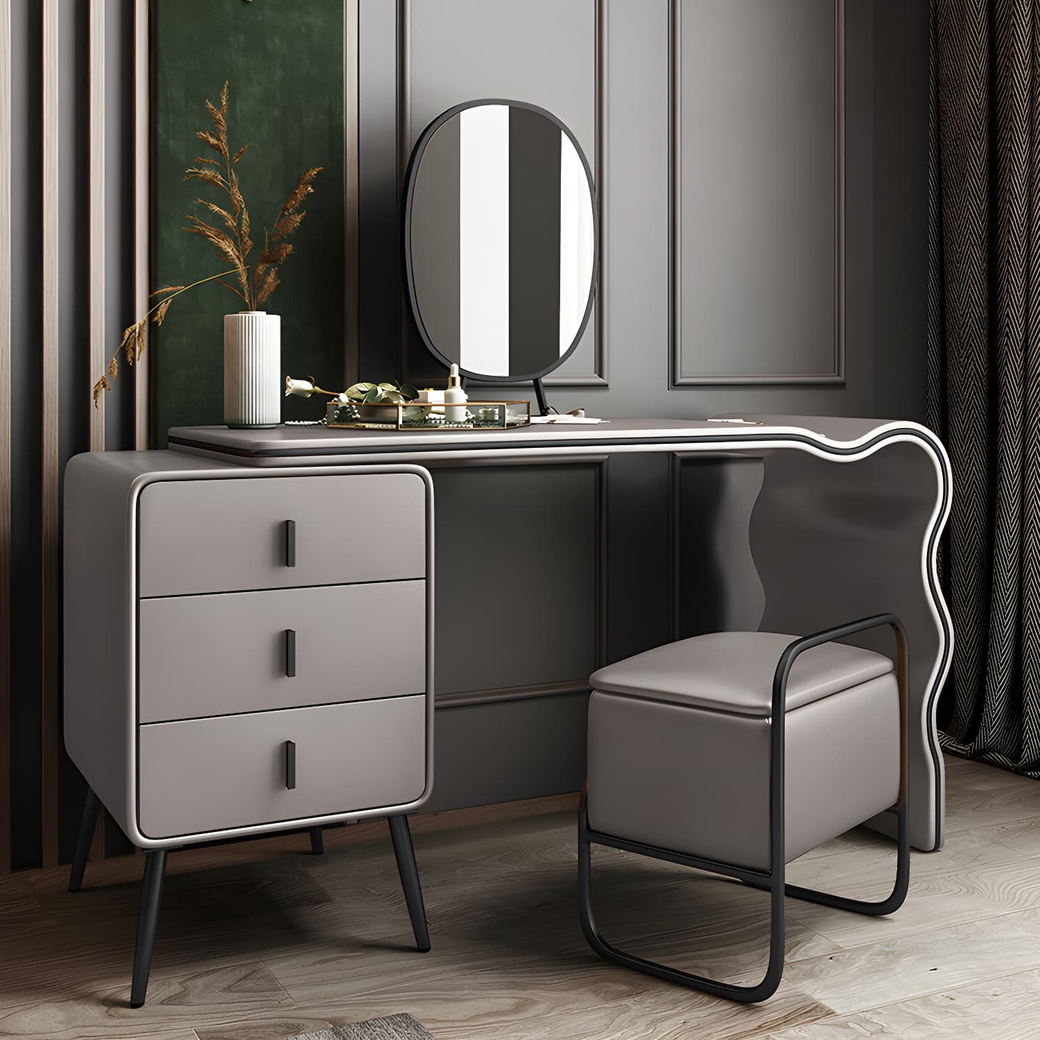 3 Drawers Make-up Vanity Set, 28.74" H Leather Vanity with Stool & Mirror - image 11