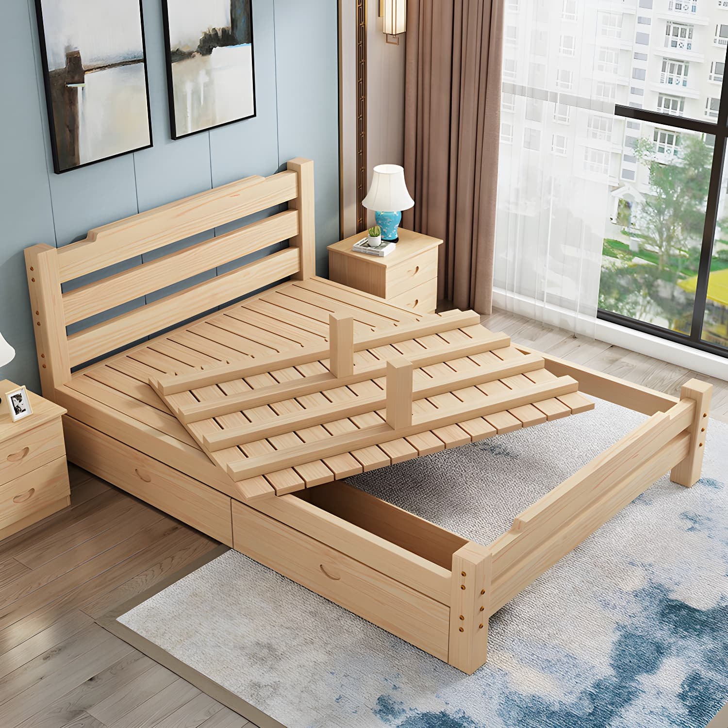 Pine Wood Bed in Light Brone Scandinavian Bed with Headboard - image 14