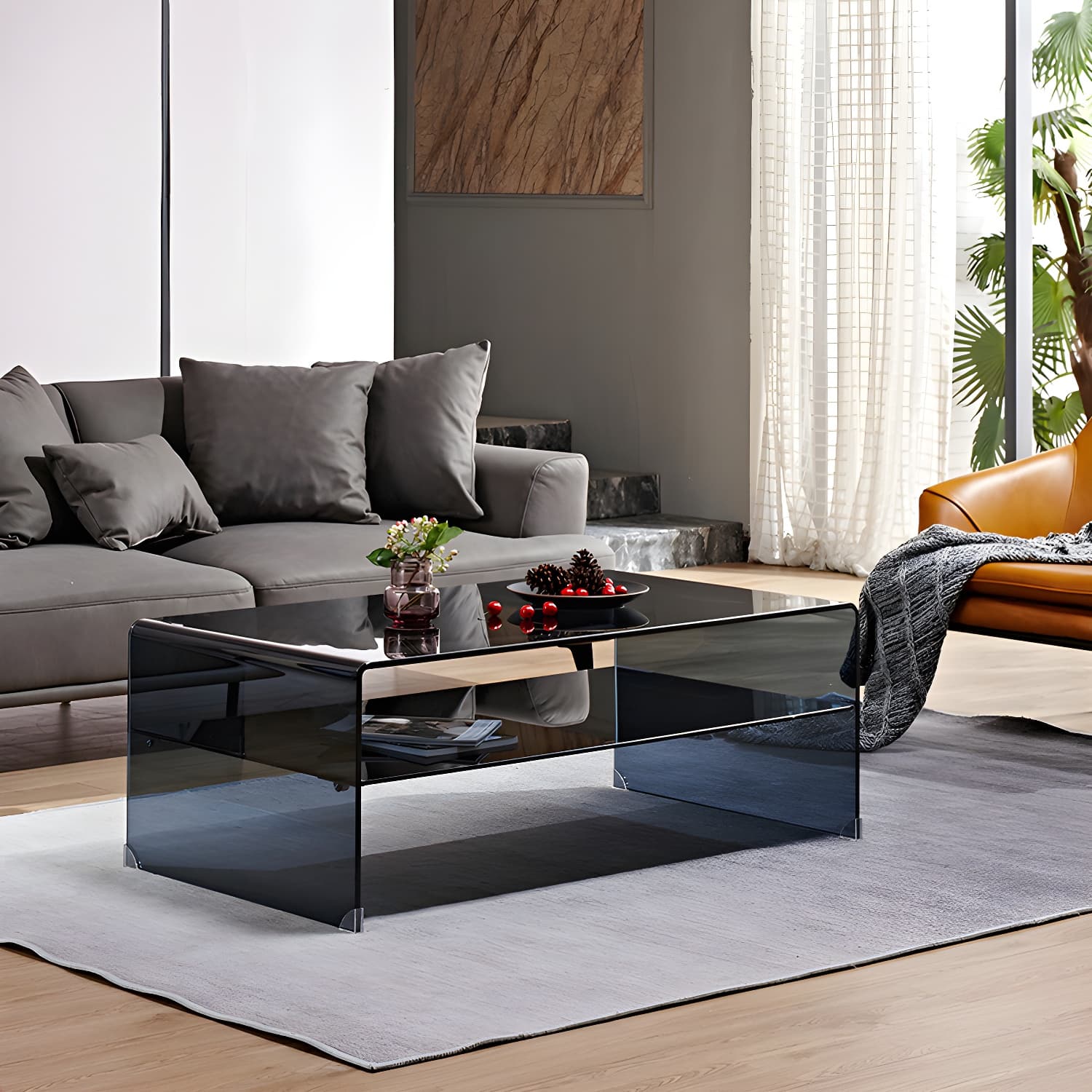 15.7"H Modern Sled Base White/black Glass Square Coffee Table with Shelf - image 3