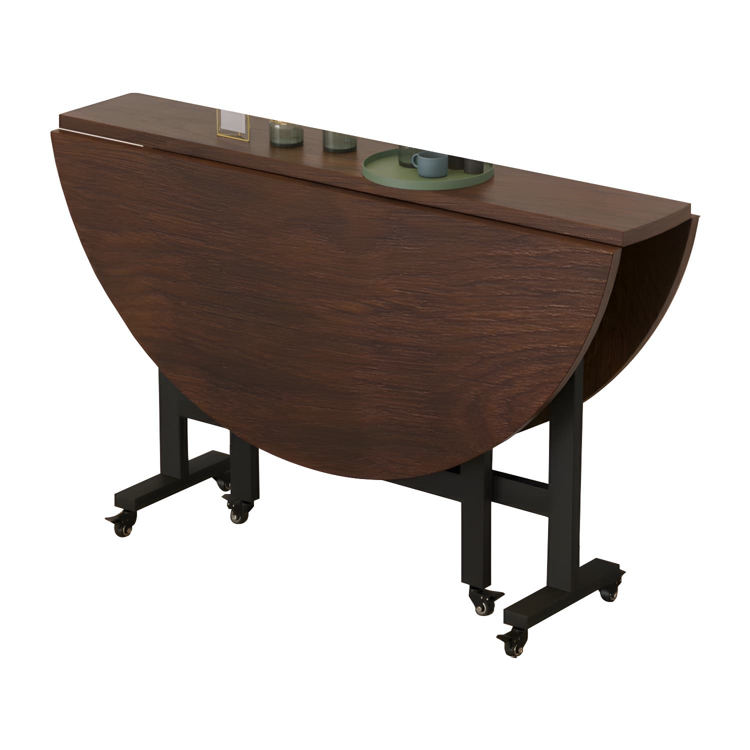 Modern Foldable Manufactured Wood Round Top Dining Table with Movable Steel Black Trestle - image 14