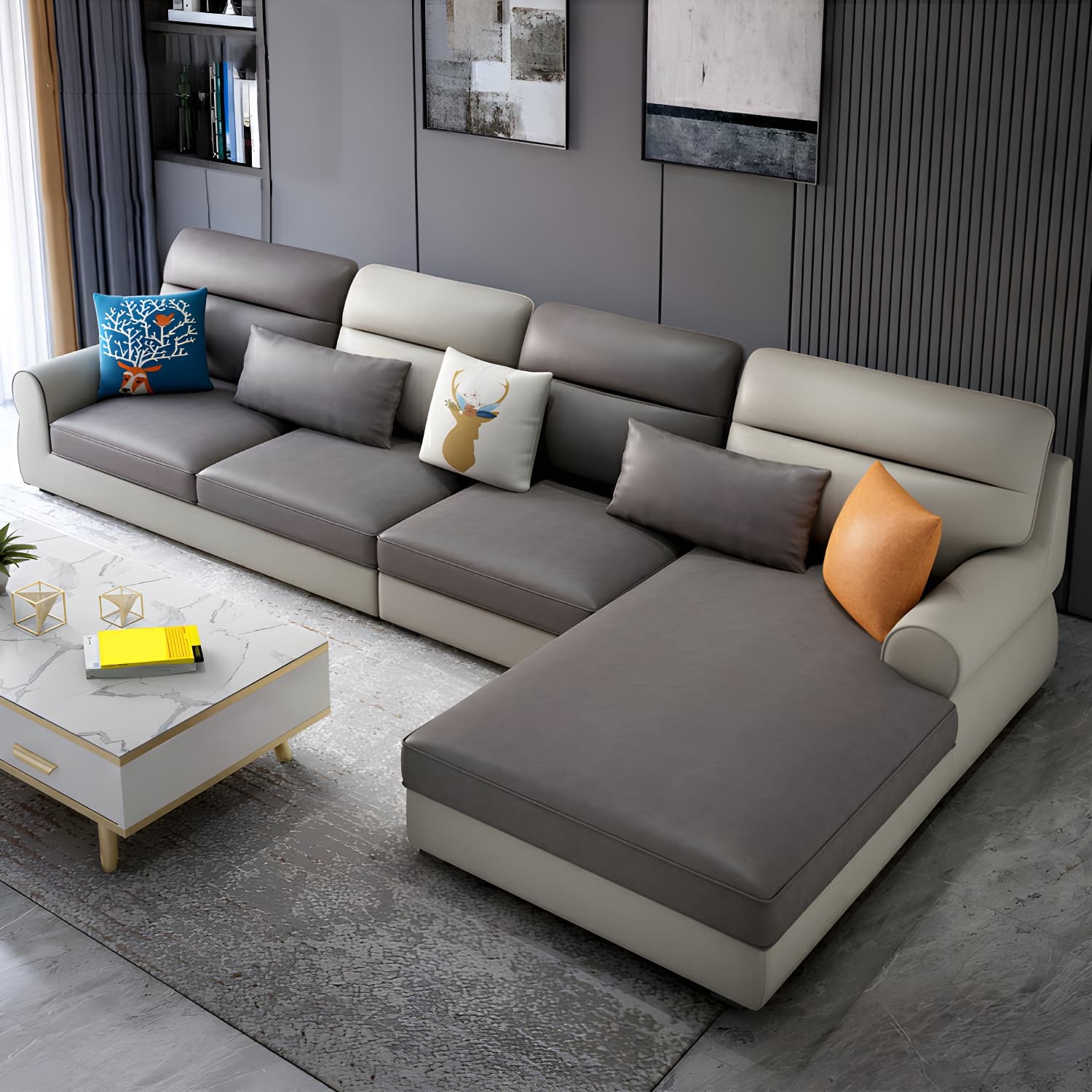 Large Modern L-Shape Stationary Wood Sectional Sofa with Round Arm and Cushion Back - image 20