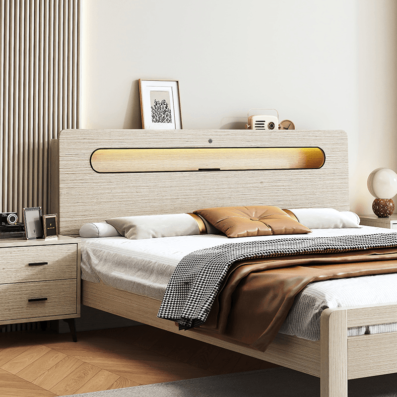 Simplistic Panel Headboard with No Distressing, Shelves, and Illumination Light for Queen/Full/Twin XL Bed in Rectangular Shape, Standard Height