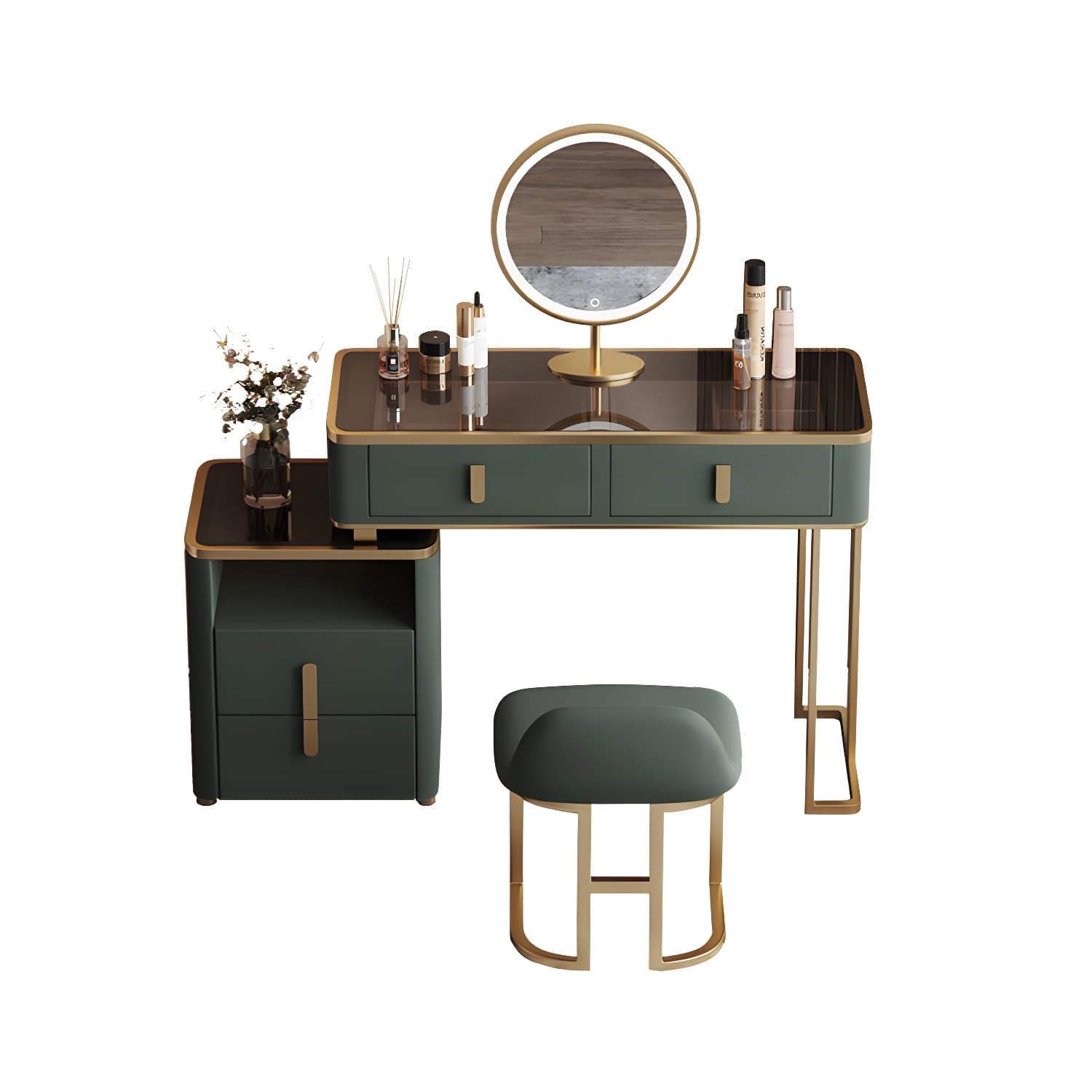 Glass Top Dressing Table Solid Wood Green Make-up Vanity with Drawers - image 10