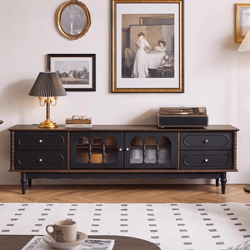 Pecan Art Deco Natural Wood TV Stand with 4 Drawers, Locker, Cable Management, and Adjustable Shelving